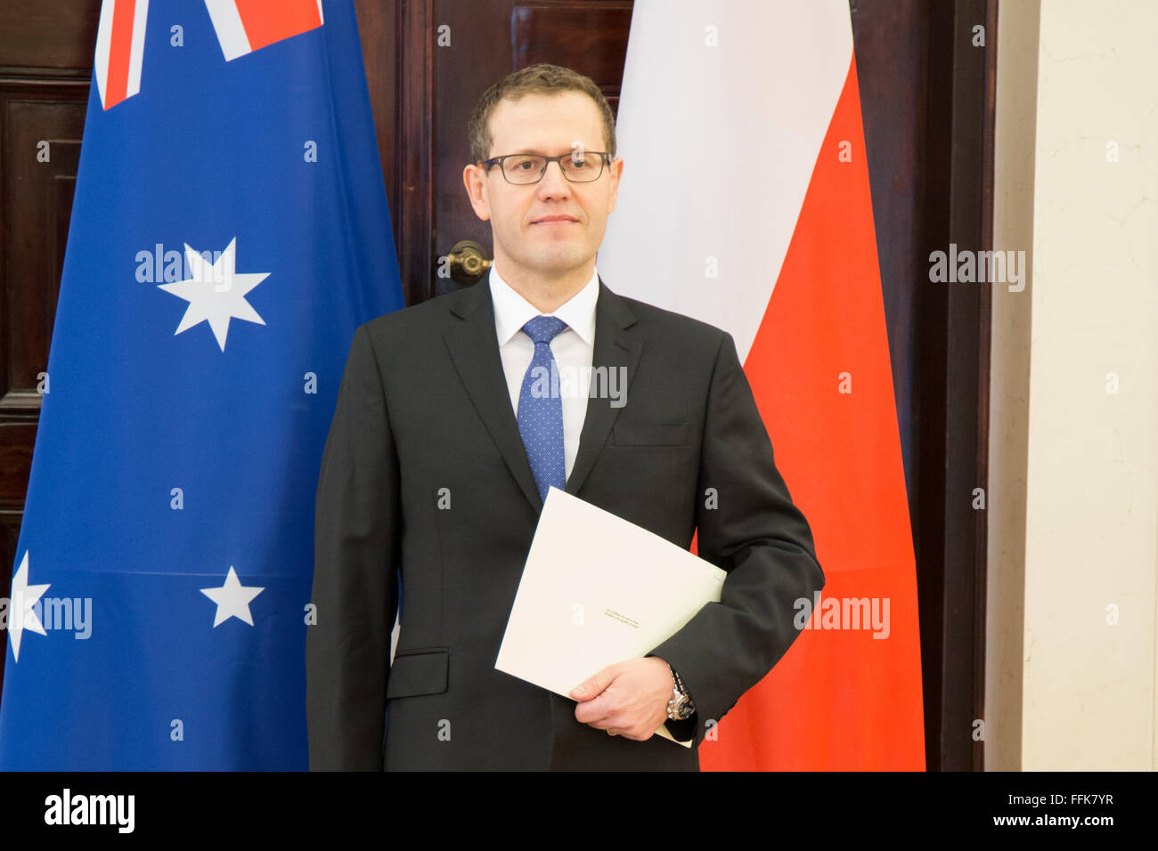 Warschau, Polen. 15. Februar 2016. Paul Wojciechowski, neue Australien Botschafter in Polen während der Präsentation der Beglaubigungsschreiben, der polnische Präsident Andrzej Duda im Präsidentenpalast am 15. Februar 2016 in Warschau, Polen. Bildnachweis: MW/Alamy Live-Nachrichten Stockfoto