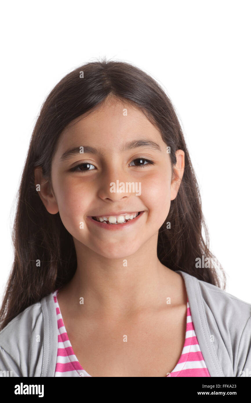 Porträt eines acht Jahre alten Mädchen auf weißem Hintergrund Stockfoto