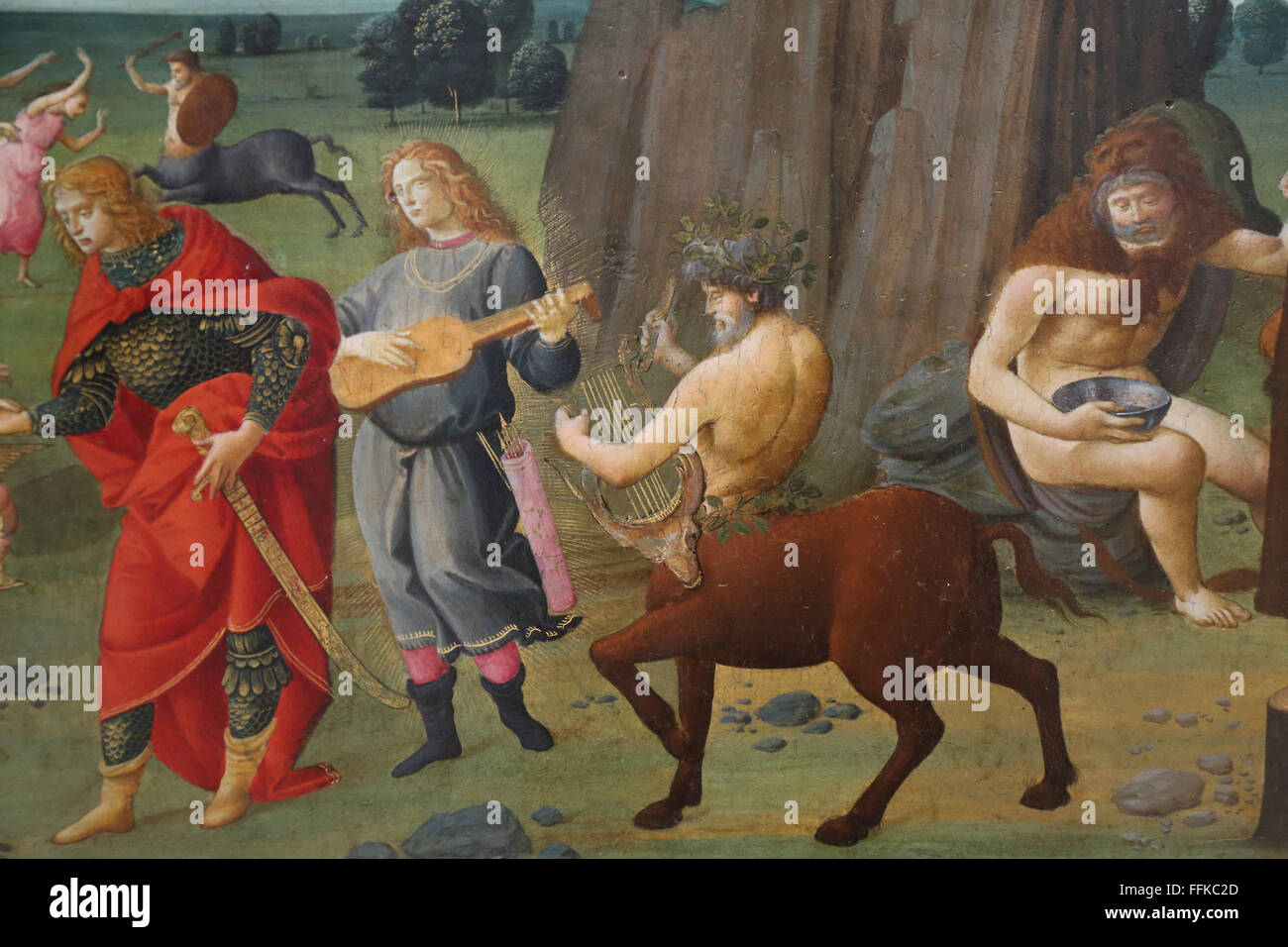 Die Hochzeit der Thetis und Peleus, 1490, von Bartolomeo di Giovanni (1465-1494). Herakles, Quiron Leier und Peleus zu spielen. Stockfoto