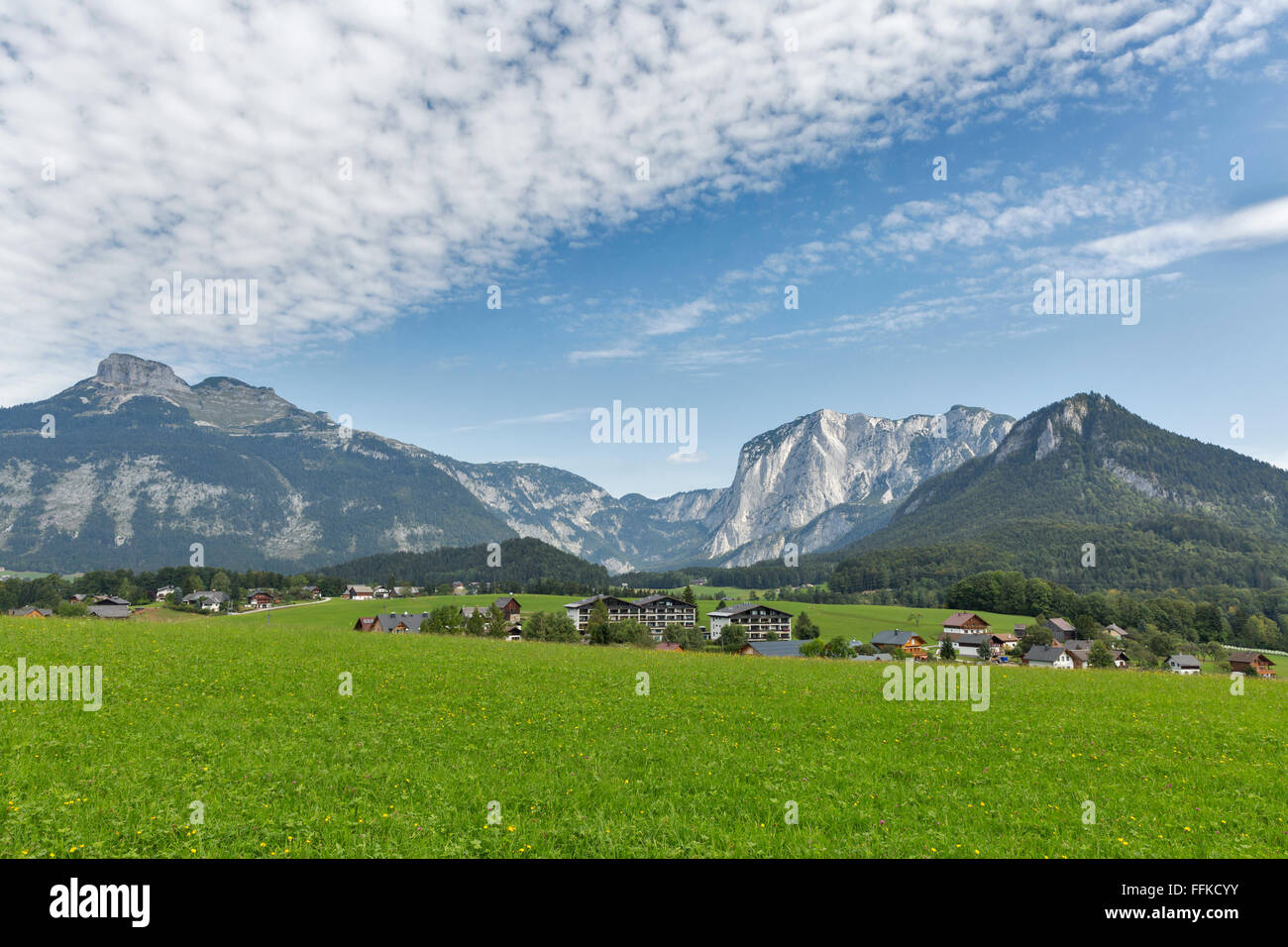 Idyllischer Landschaft in den Alpen mit frischen grünen Wiesen und blühenden Blumen, Dorf und Berg an der Spitze im Hintergrund. Österreich Stockfoto
