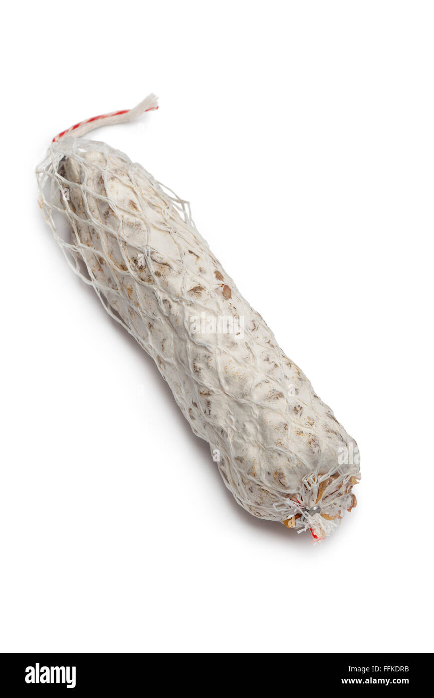 Gesamte französische Salami Wurst auf weißem Hintergrund Stockfoto