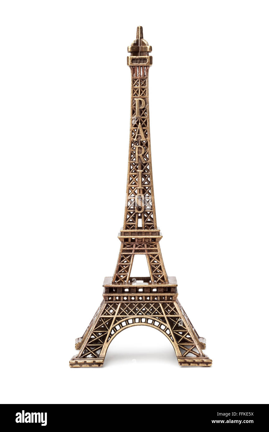 Miniatur-Eiffel-Turm-Souvenir auf weißem Hintergrund Stockfoto