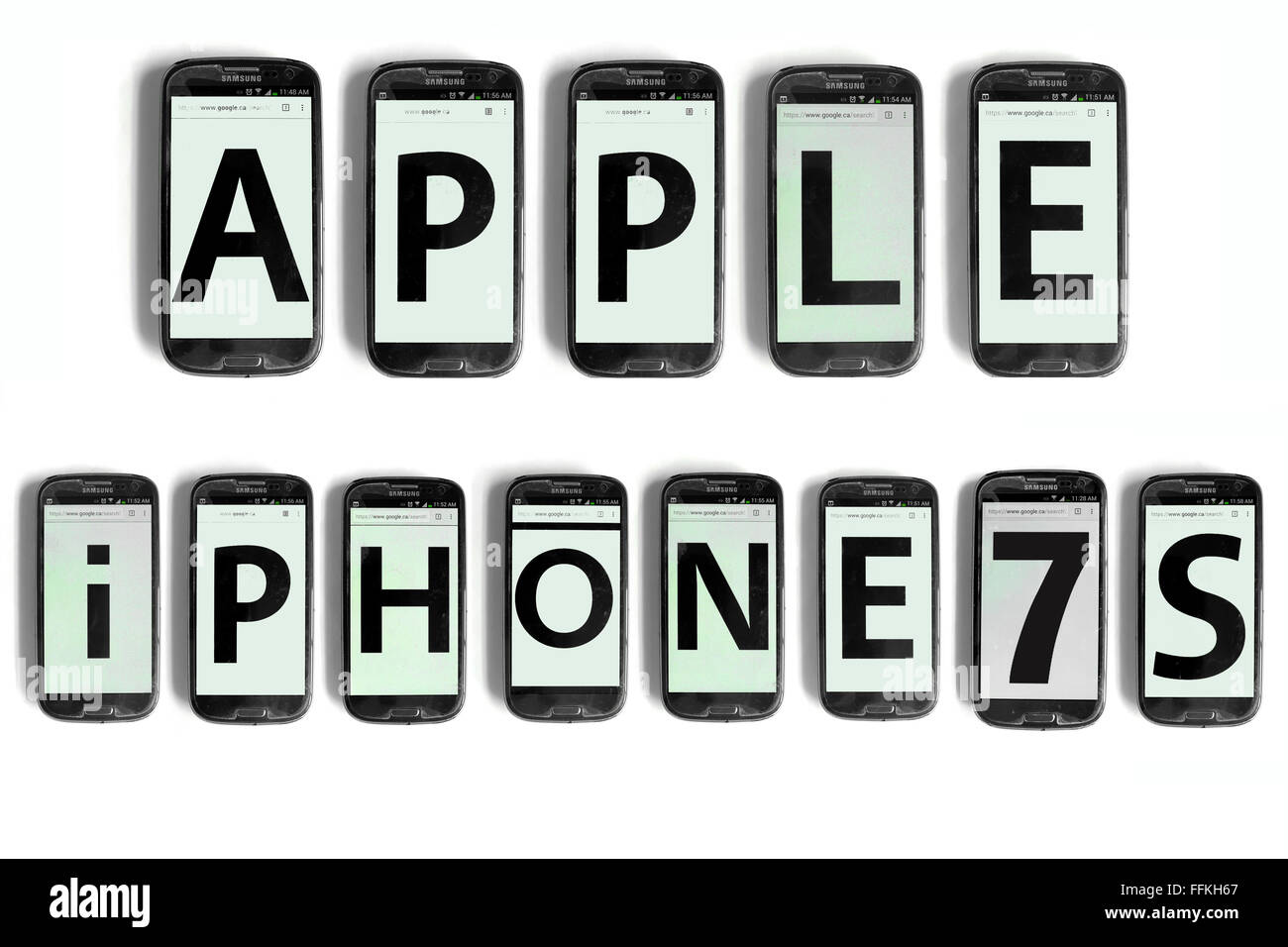 Apple iPhone 7 s geschrieben auf den Bildschirmen der Smartphones vor weißem Hintergrund fotografiert. Stockfoto