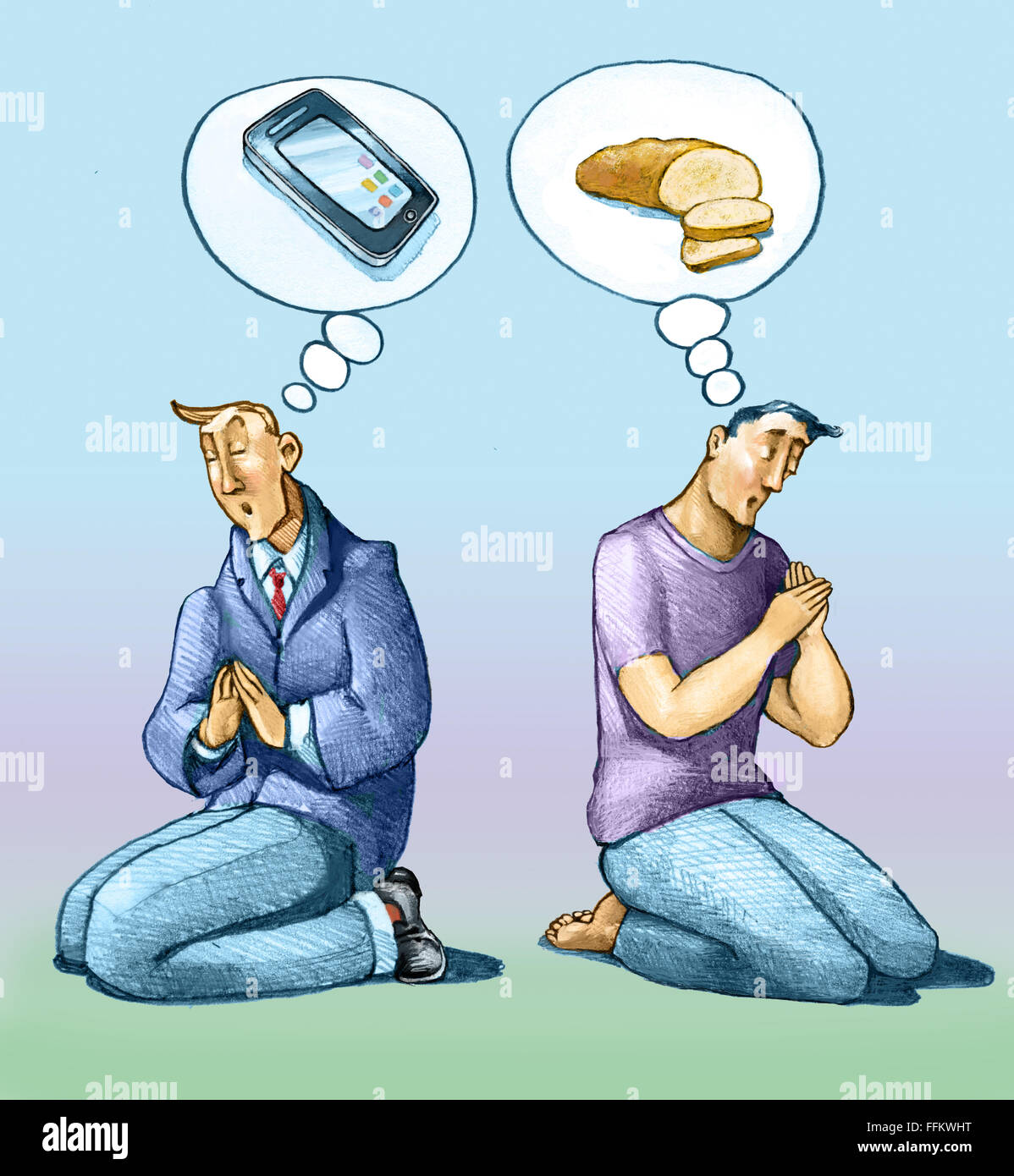 zwei Männer stilisiert verschiedenen Lebensbereichen zusammen, um zu Knien und beten, einer eine Smartphone in Anzügen Träume gekleidet, Stockfoto