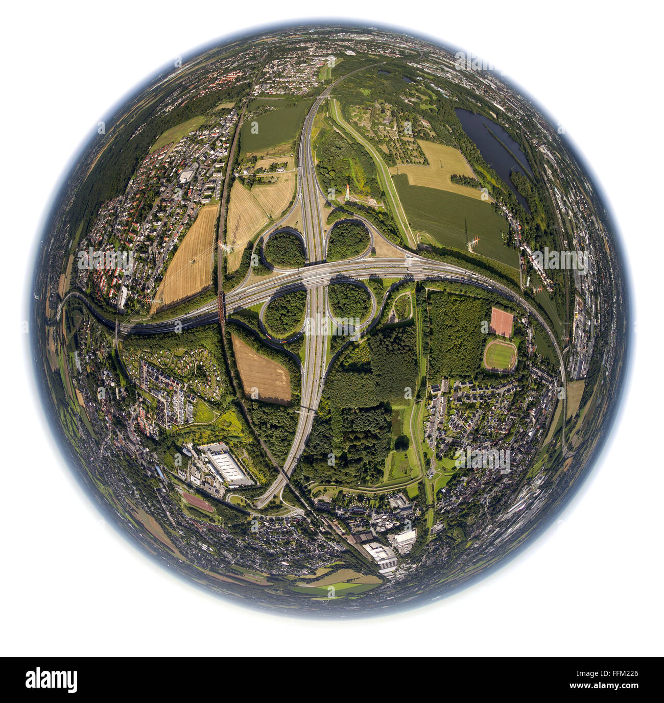 Luftbild, Autobahn Kreuzung Dortmund Hafen, Autobahn A45, Sauerland Route fisheye Bild, Dortmund, Ruhrgebiet, Stockfoto