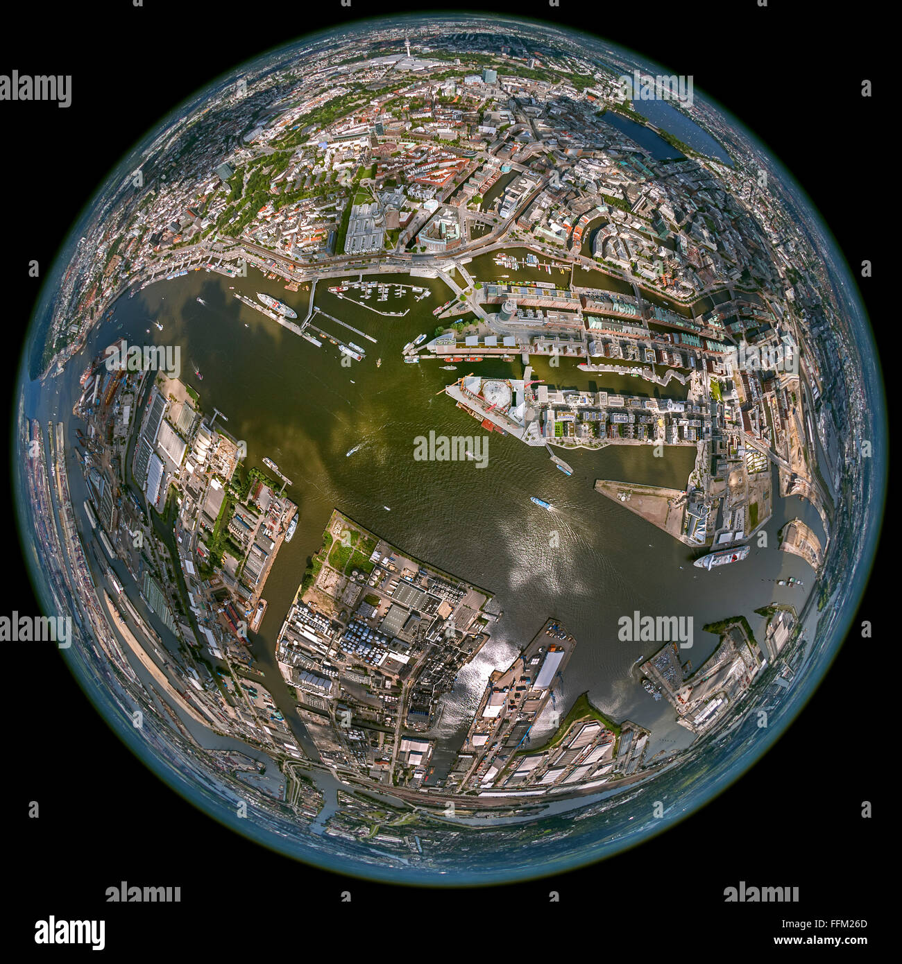 Luftaufnahme des Hamburger Hafens fisheye-Objektiv, fisheye, Runde Bild, Elbphilharmonie, Werft Blohm und Voss Werft, Stockfoto