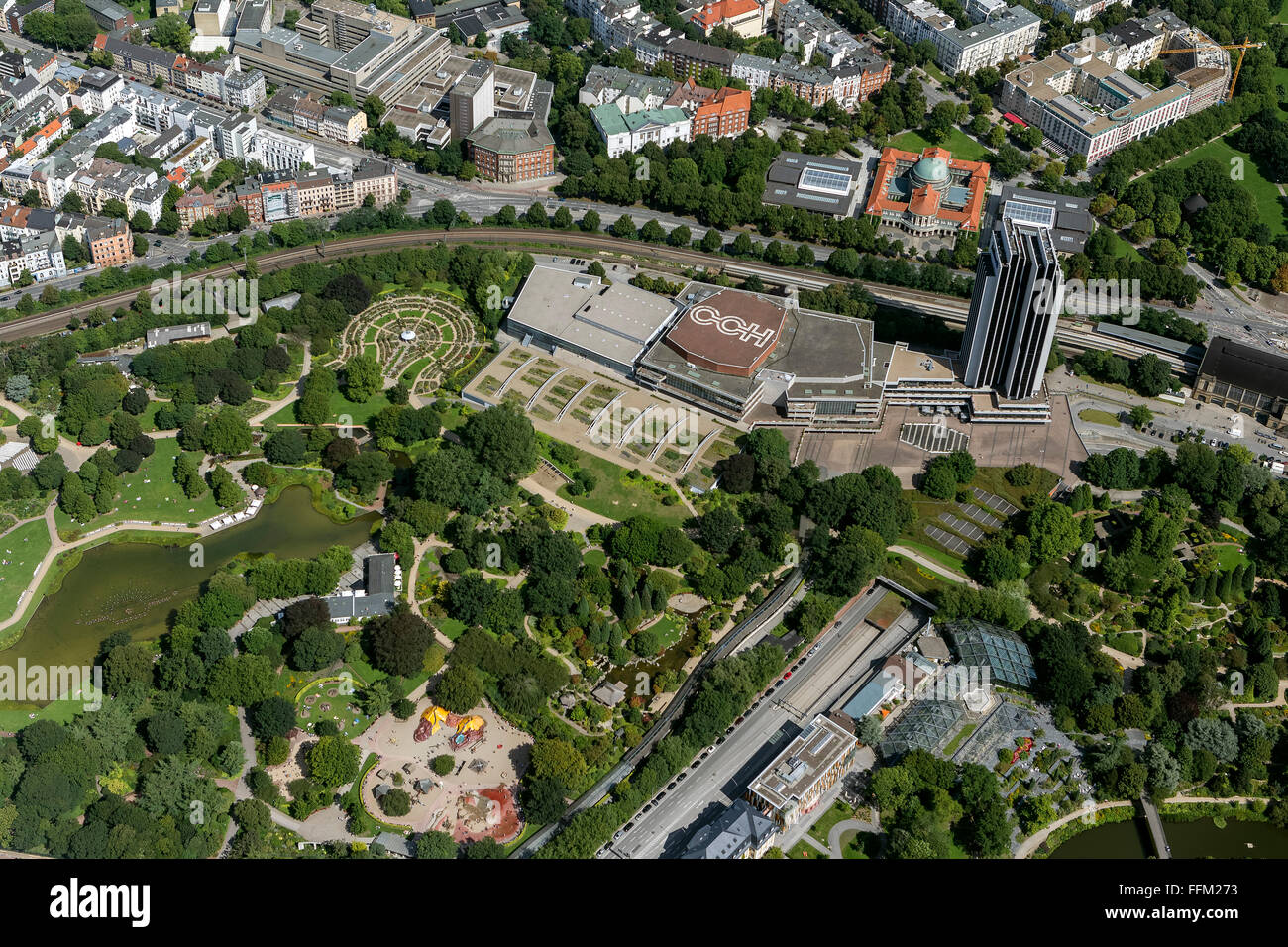 Luftbild, Hamburger Kongresszentrum, Planten un Blomen vom CCH, Sas Radisson SAS Hotel - Hamburgs höchste Hotel am Dammtor, Stockfoto