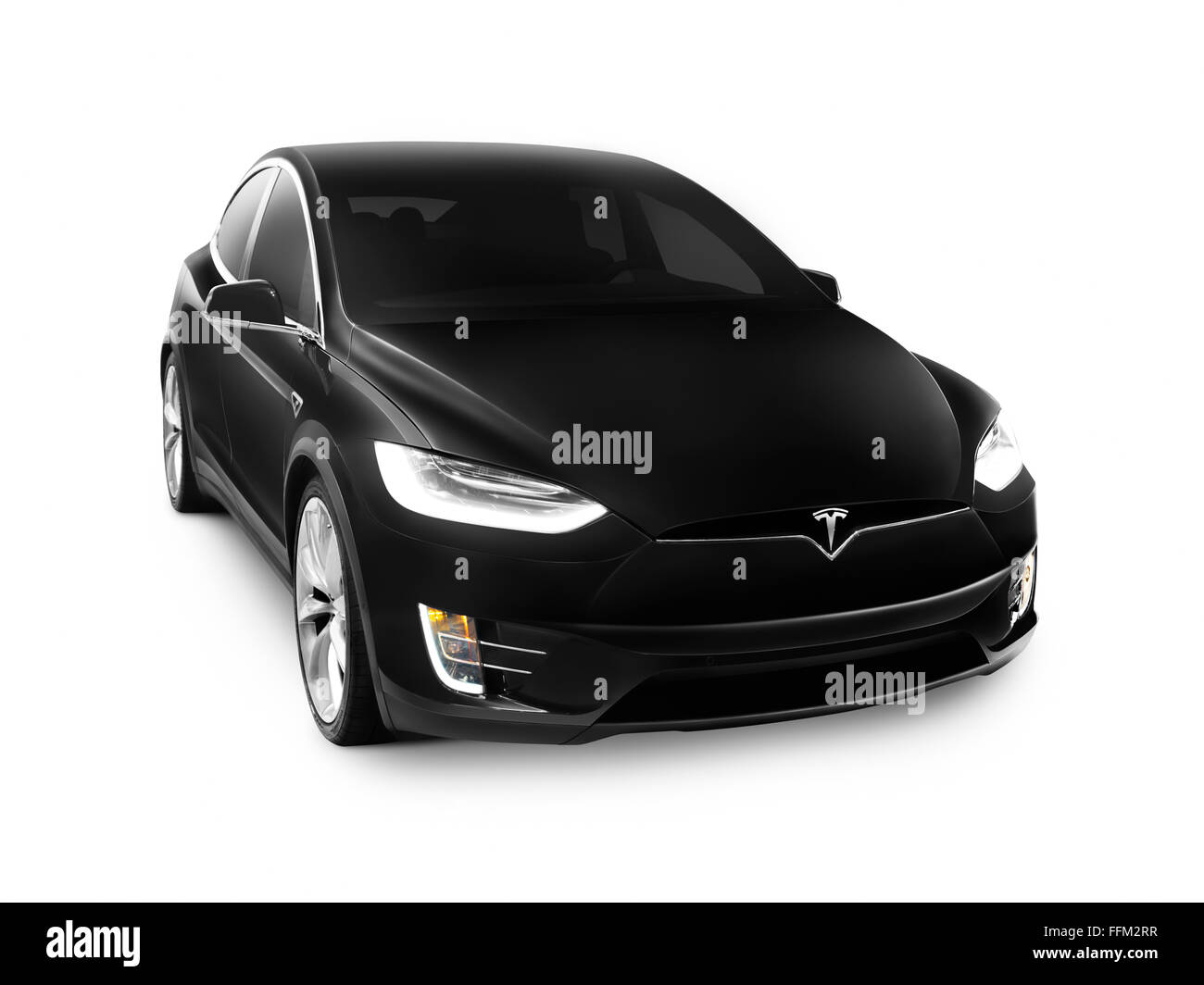 Führerschein und Ausdrucke bei MaximImages.com – Schwarz 2017 Tesla Model X Luxus-SUV, isoliert auf weißem Hintergrund mit Beschneidungspfad Stockfoto