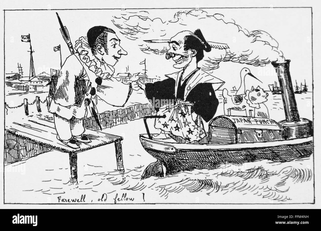 Karikatur von Georges Ferdinand Bigot (1860-1927).  Ein Pierrot (Bigot) Abschied zu Mr.Punch. 1887. Stockfoto