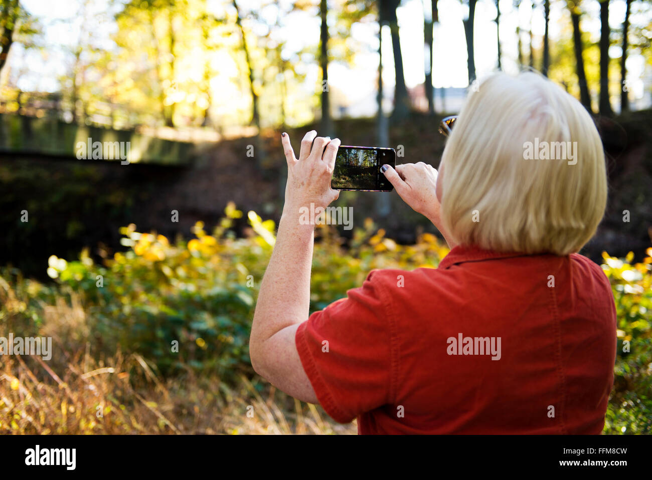 Frau, die eine Landschaftsaufnahme mit einem Handy Stockfoto