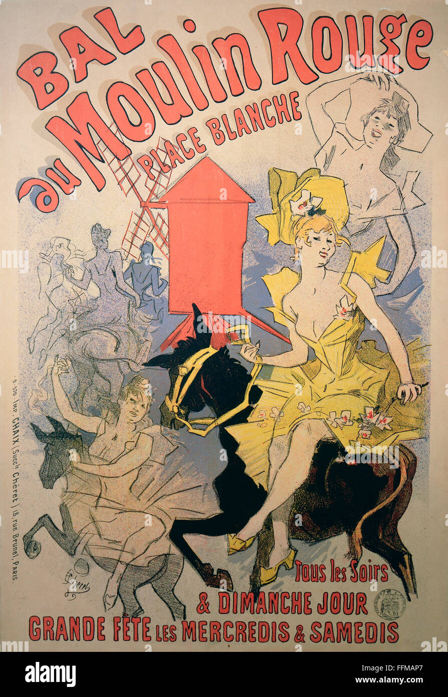 Plakate, Werbeplakat für einen Ball im Kabarett 'Moulin Rouge', Paris, von Jules Cheret (1836 - 1932), Farblithographie, 60.5 x 41 cm, 1889, die Neue Sammlung, München, Additional-Rights-Clearences-not available Stockfoto