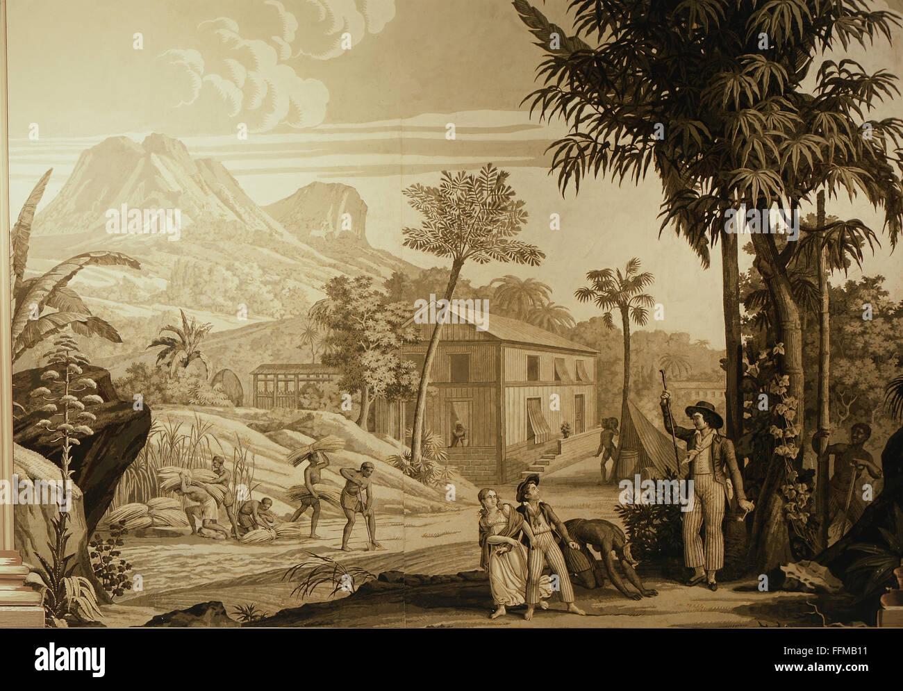 Saint-Pierre, Jacques-Henri Bernardin de, 19.1.1737 - 21.1.1814, französischer Autor/Schriftsteller, "Paul et Virginie", die Kinder, die einen Plantagenbesitzer überzeugen, keinen flüchtigen Sklaven, Tapeten, nach Entwurf von J.Brock, gedruckt von Joseph Dufour & Cie., Paris, 1823, Deutsches Wallpaper-Museum, Kassel, Stockfoto