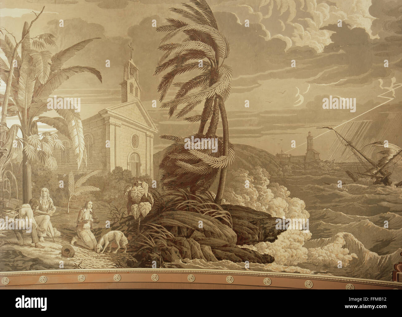 Saint-Pierre, Jacques-Henri Bernardin de, 19.1.1737 - 21.1.1814, französischer Autor/Schriftsteller, 'Paul et Virginie', Versenkung des Schiffes 'St. Geran', Tapete, nach Entwurf von J.Brock, gedruckt von Joseph Dufour & Cie., Paris, 1823, Deutsches Wallpaper-Museum, Kassel, Stockfoto