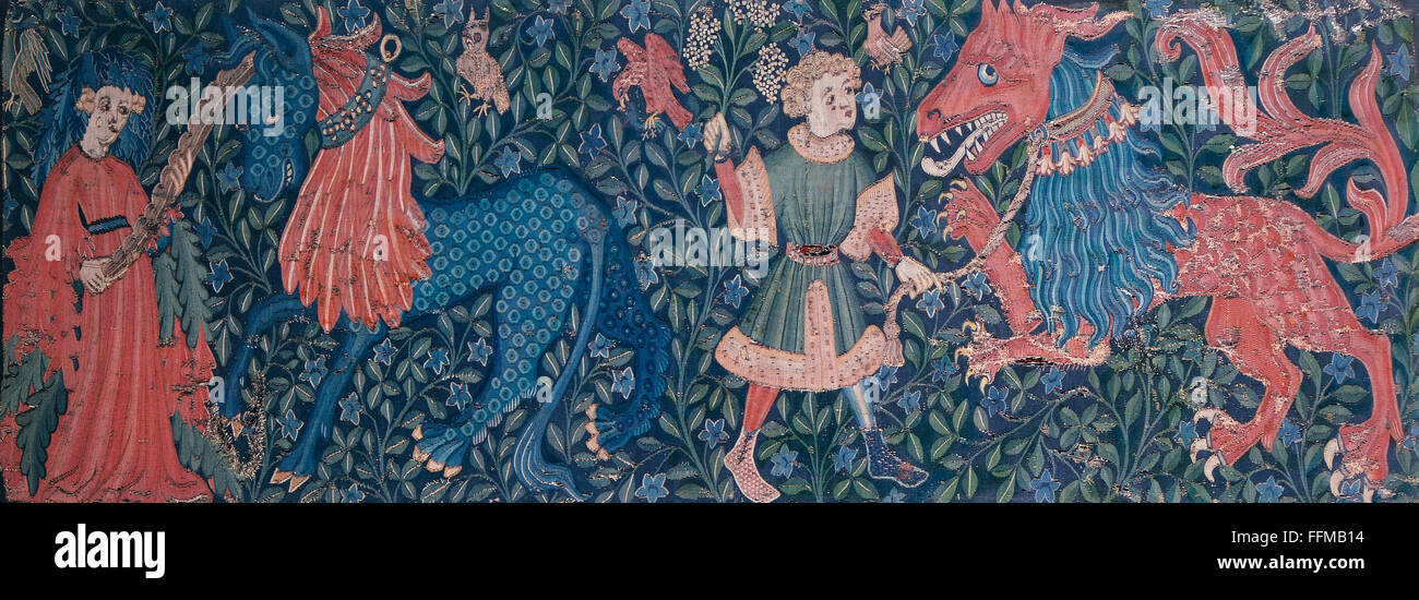 Bildende Kunst, Wandteppiche, Aristokraten in modischer Kleidung mit fabelhaften Tieren, um 1430 / 1440, Additional-Rights-Clearences-not available Stockfoto