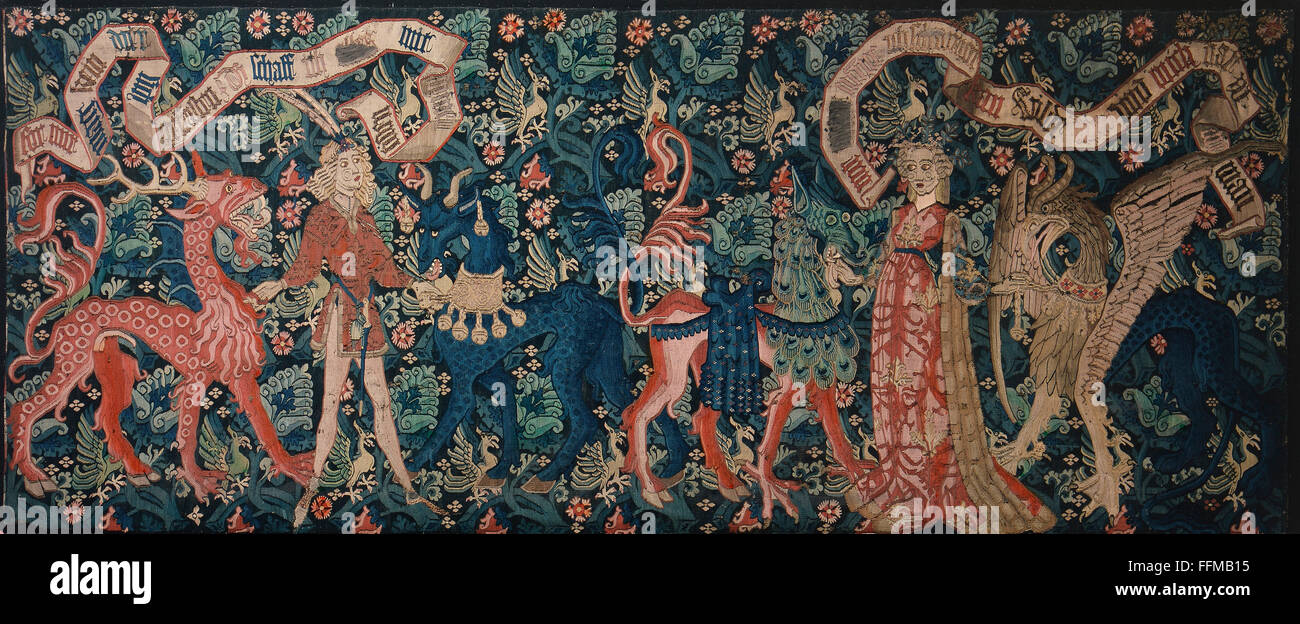 Bildende Kunst, Wandteppich, Aristokraten mit symbolischen fabelhaften Tieren, Detail, Oberrhein, Ende des 15. Jahrhunderts, Wolle, gestrickt, historisches Museum, Basel, 15. Jahrhundert, Mittelalter, Mittelalter, Mittelalter, Wandhängen, schöne Künste, Kunst, Wandteppich, Wandteppiche, Wandteppiche, halbe Länge, stehend, Aristokratie, Aristokratien, Aristokraten, mythologische Kreaturen, Fabelwesen, fabelhafte Kreatur, fabelhafte Wesen, fabelhafte Gänsehalle, Fabelwesen, Fabelwesen, Fabelwesen, Fabelwesen, Fabelwesen, Fabelwesen, Fabelwesen, Wollgriffolen, Fabelwesen, Fabelwesen, Fabelwesen, Fabelwesen, Wollbinden, Fabelwesen Stockfoto