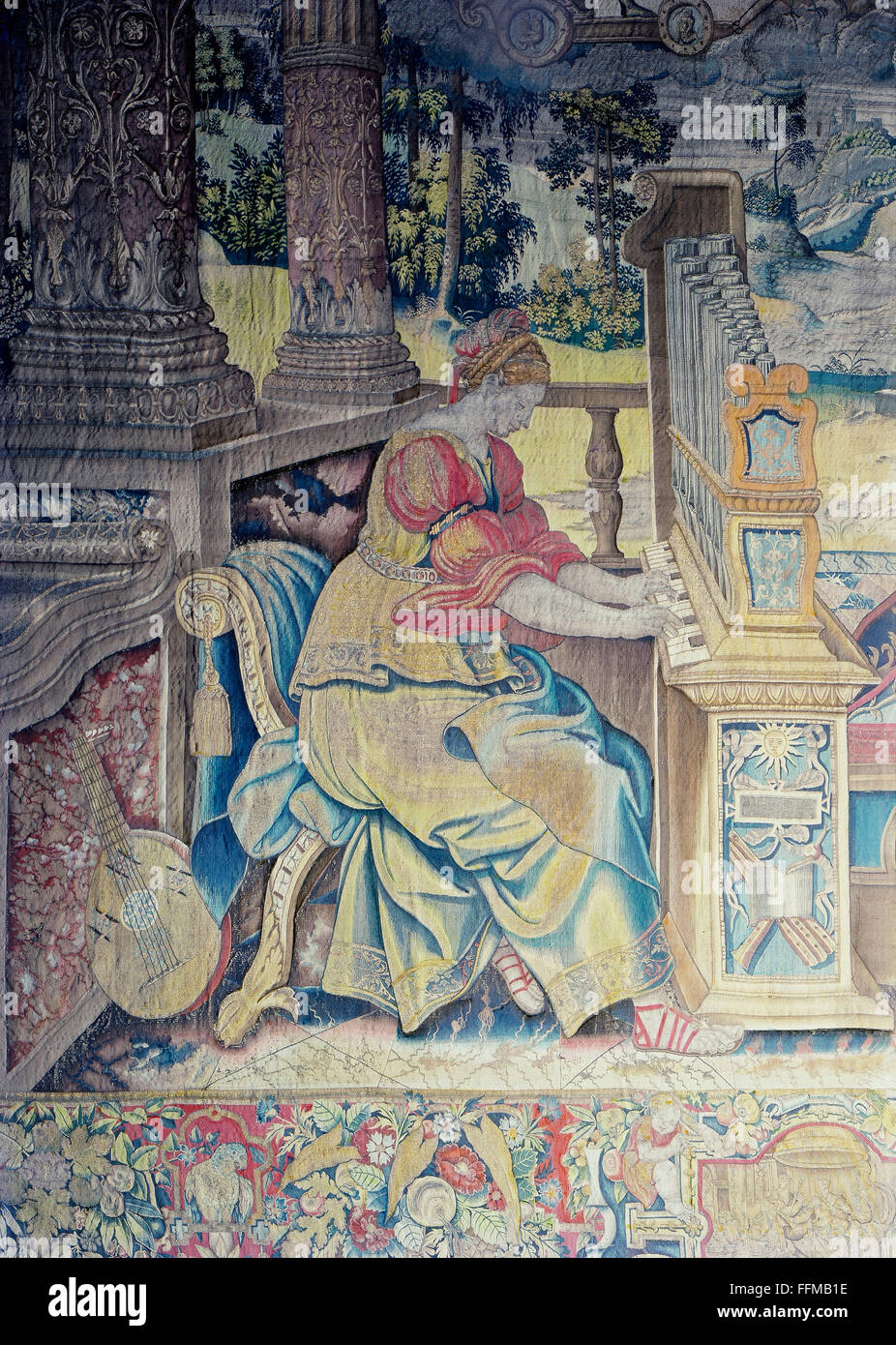 Allegorien, 'der Einfluss des Planeten Merkur auf die Aktivitäten der Menschen', Wandteppich, Detail, Bruxelles, um 1570 / 1580, aus der Planetenserie, Wolle, gestrickt, Goldfaden, 350 x 540 cm, Bayerisches Nationalmuseum, München, Deutschland, Additional-Rights-Clearences-not available Stockfoto