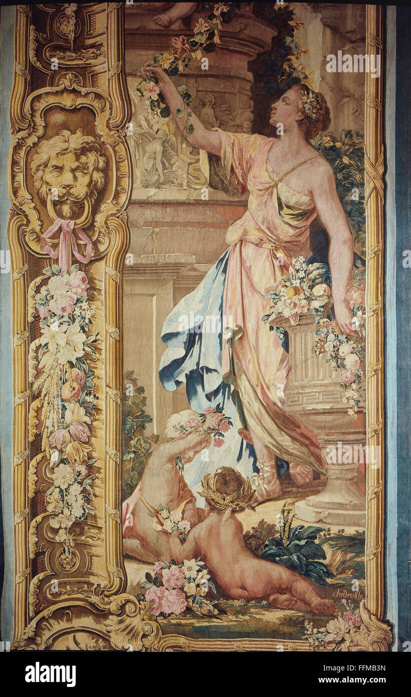 Allegorien, 'Flora', Wandteppich, Detail, aus Staffeln-Serie, nach Entwurf von Christian Wink (1738 - 1797), 1777, 350 x 160 cm, zweite Münchner Gobelins Manufaktur, Bayerisches Nationalmuseum, München, Deutschland, Zusatz-Rechteklärung-nicht lieferbar Stockfoto