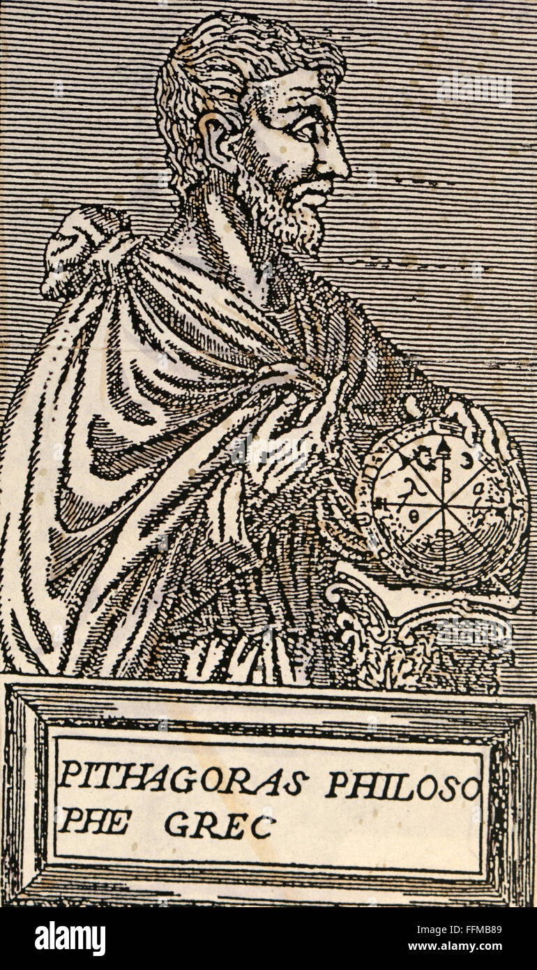 Pythagoras von Samos, ca. 580/572 - 500/490 v. Chr., griechische Mathematikerin und Philosoph, Idealbild, Gravur, spätes 16. Jahrhundert, Privatsammlung, Stockfoto