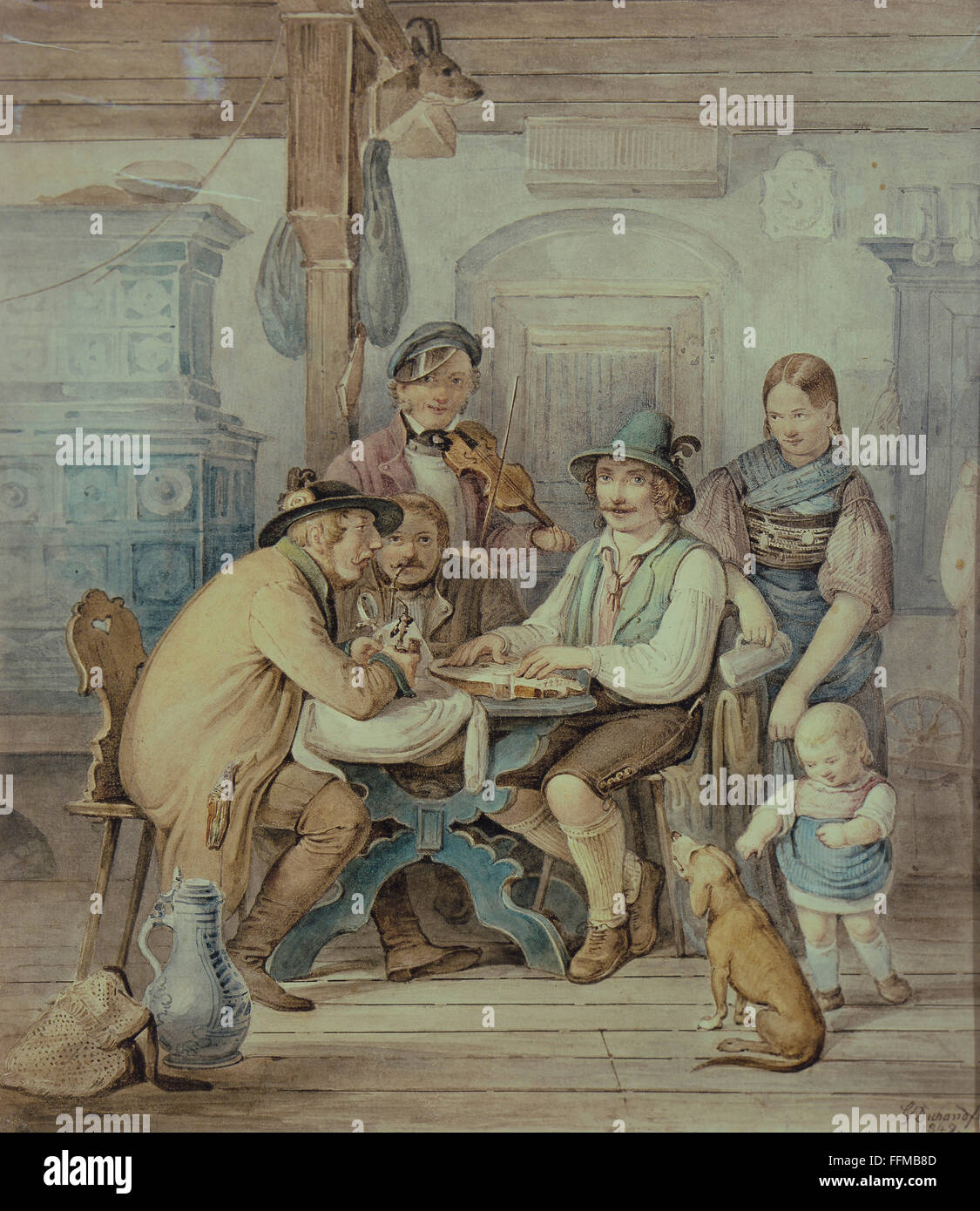 Musik, Musikinstrument, Zupfinstrumente, Zither, Zither Spieler und Geiger in einem bayerischen Pub Zimmer, Aquarell, Süddeutschland, 2. Hälfte des 19. Jahrhunderts, Stadtmuseum, München, 19. Jahrhundert, Grafik, Grafik, Bayern, Gastronomie, Gasthaus, Restaurant, Restaurants, Taverne, Tavernen, halbe Länge, sitzen, Tisch, Tische, traditionelle Kostüme, Nationalkostüm, Kleid, traditionelle Kostüme, nationale Kostüme, Herstellung, traditionelle Hut, Hosen, Musik, Leder-Musik, spielen, keine Musik Stockfoto
