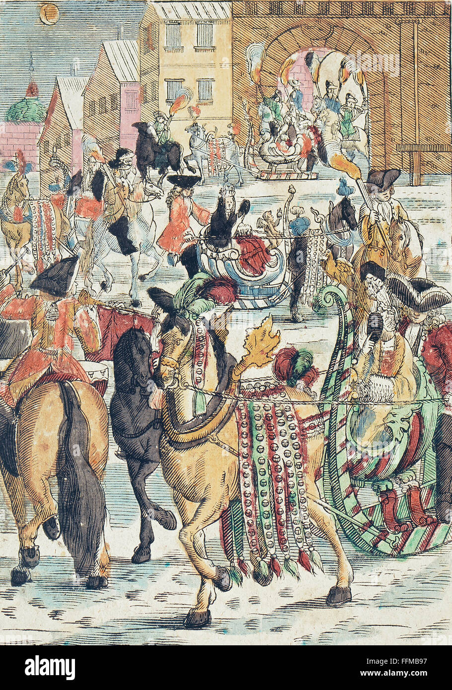 Jahreszeiten, Winter, 'die prächtige Schlittenfahrt', Farbholzschnitt, 31 x 18,5 cm, aus: 'Buch für die Jugend', Augsburg, 2. Hälfte 17. Jahrhundert, Bayerisches Nationalmuseum, München, Zusatz-Rights-Clearences-not available Stockfoto