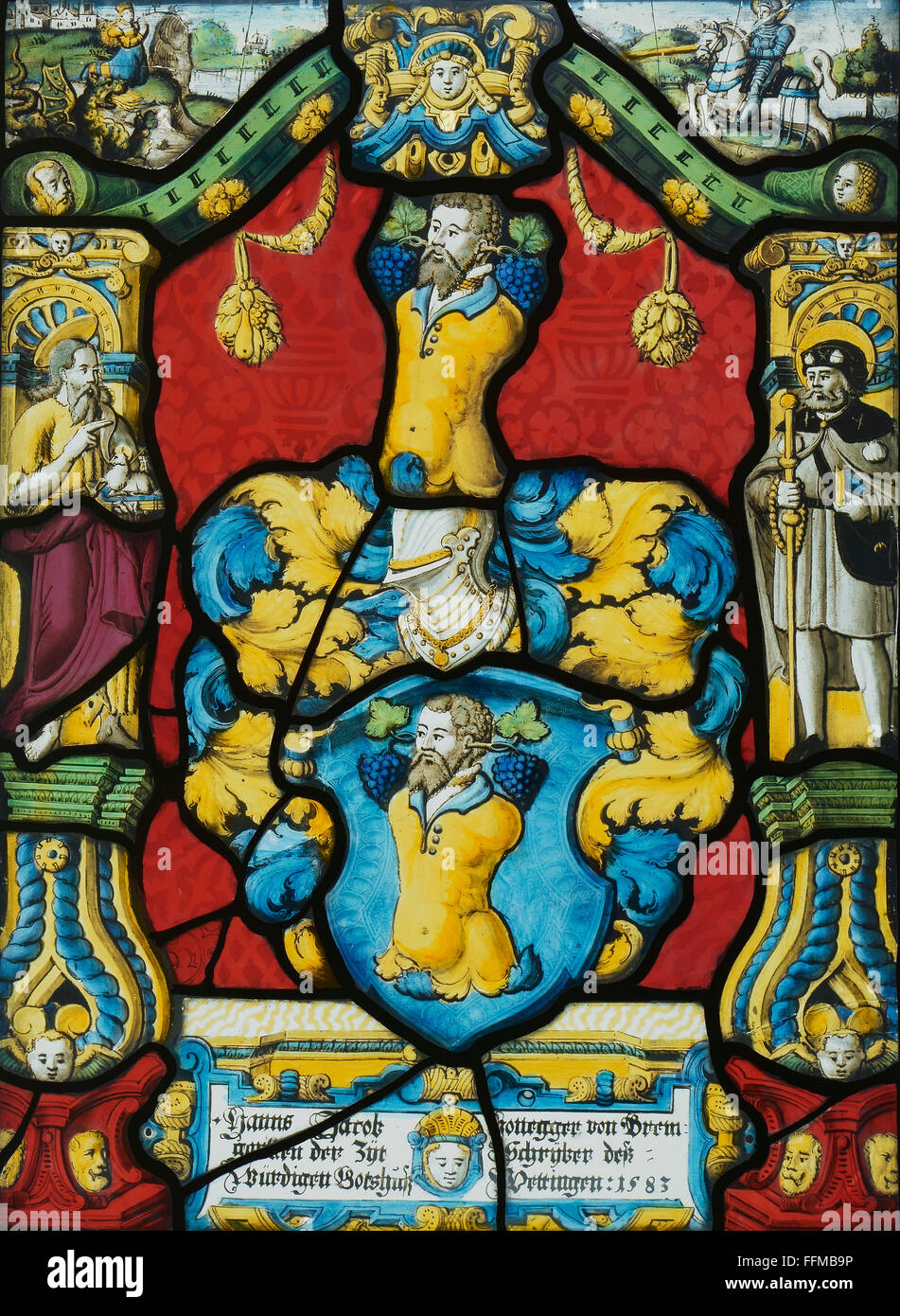 Heraldik, Wappen, Hans Jacob Honegger von Bremgarten, Glasmalerei von B.Mutschli, 41 x 30 cm, 1583, Additional-Rights-Clearences-not available Stockfoto