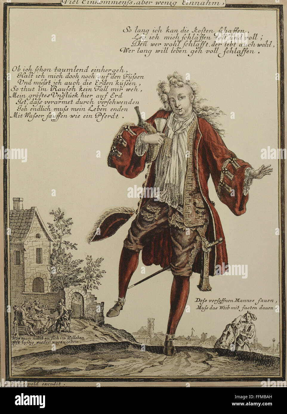 Alkohol, Alkoholismus, Trinker, farbige Kupferstich von Josef Friedrich Leopold (1668-1726), 24 x 18 cm, Augsburg, ca. 1710, Artist's Urheberrecht nicht gelöscht werden Stockfoto