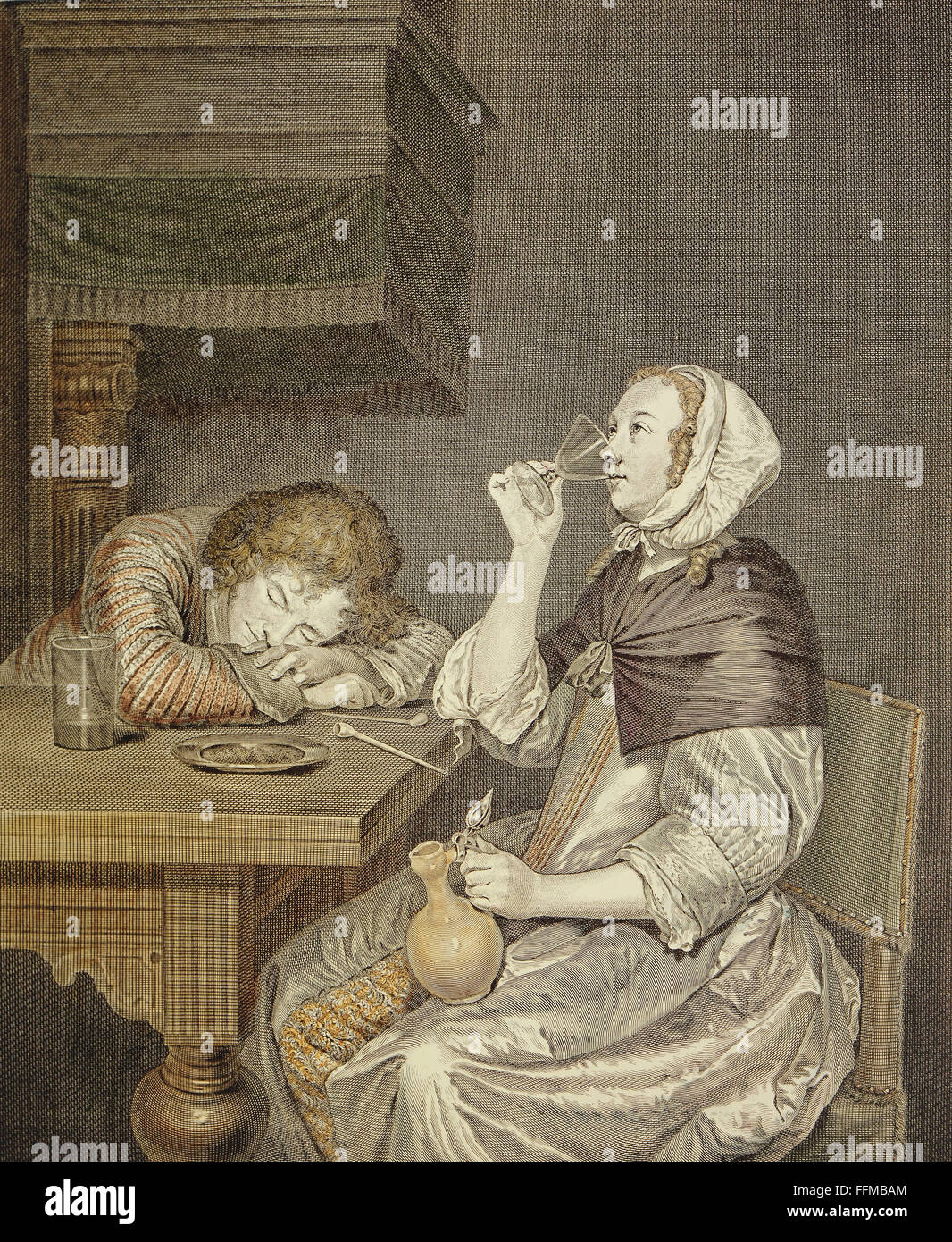 Alkohol, Weinrebe, 'La sante rendue' (Gesundheit restauriert), nach Gemälde von Gerhard ter Borch (1617 - 1681), Farbstich von Justus Chevillet (1729 - 1790), 36 x 30 cm, um 1750, Privatsammlung, Additional-Rights-Clearences-not available Stockfoto