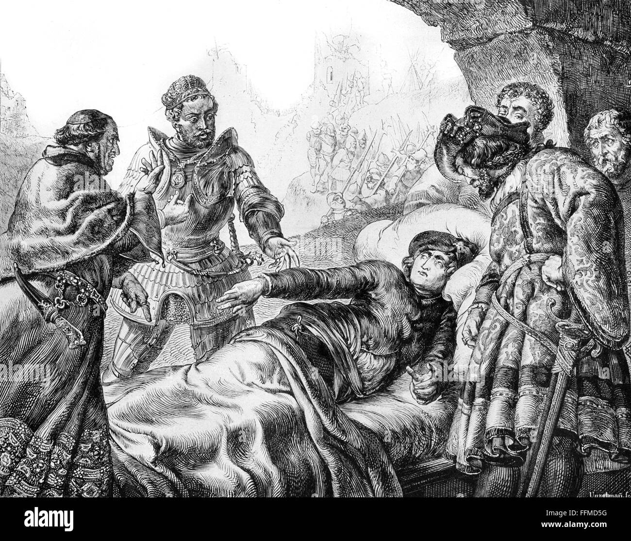 Sickingen, Franz von, 2.3.1481 - 7.5.1523, deutscher reichsritterlicher Ritter, Tod in Landstuhl, Holzschnitt von Friedrich Ludwig Unzelmann, nach Zeichnung von Adolph von Menzel, im Jahre 1838, Stockfoto