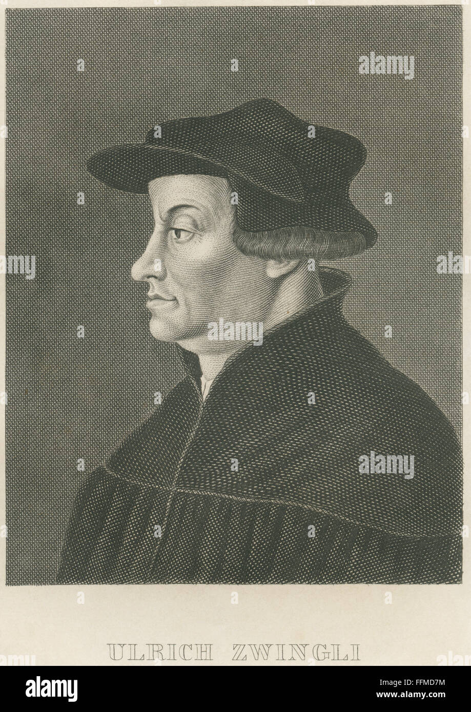 Ulrich Zwingli, der Schweizer Reformator, der Führer der Reformation in der Schweiz, geboren 1484 in Wildhaus, gestorben in Kappel am Albis während des Zweiten Krieges von Kappel 1531, Stahlstich um 1850, Editorial-Use - Nur Stockfoto
