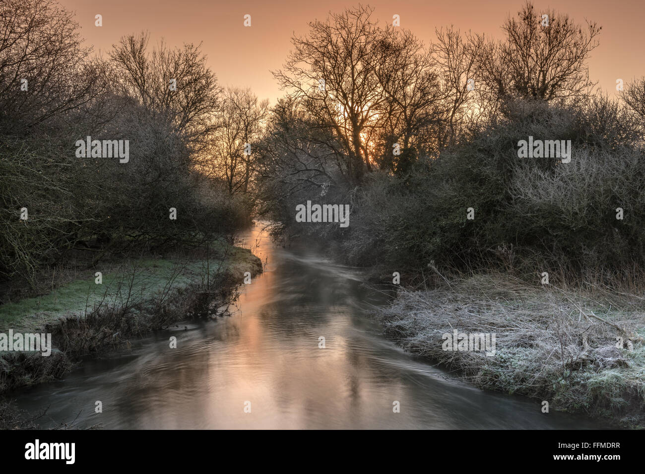 Fluß Avon, Wiltshire, UK. 16. Februar 2016. UK Wetter: Der Fluss Avon im Morgengrauen in der Nähe von Brokenborough in Wiltshire, als das Land bereitet eine weitere Woche mit Frost. Bildnachweis: Terry Mathews/Alamy Live-Nachrichten Stockfoto