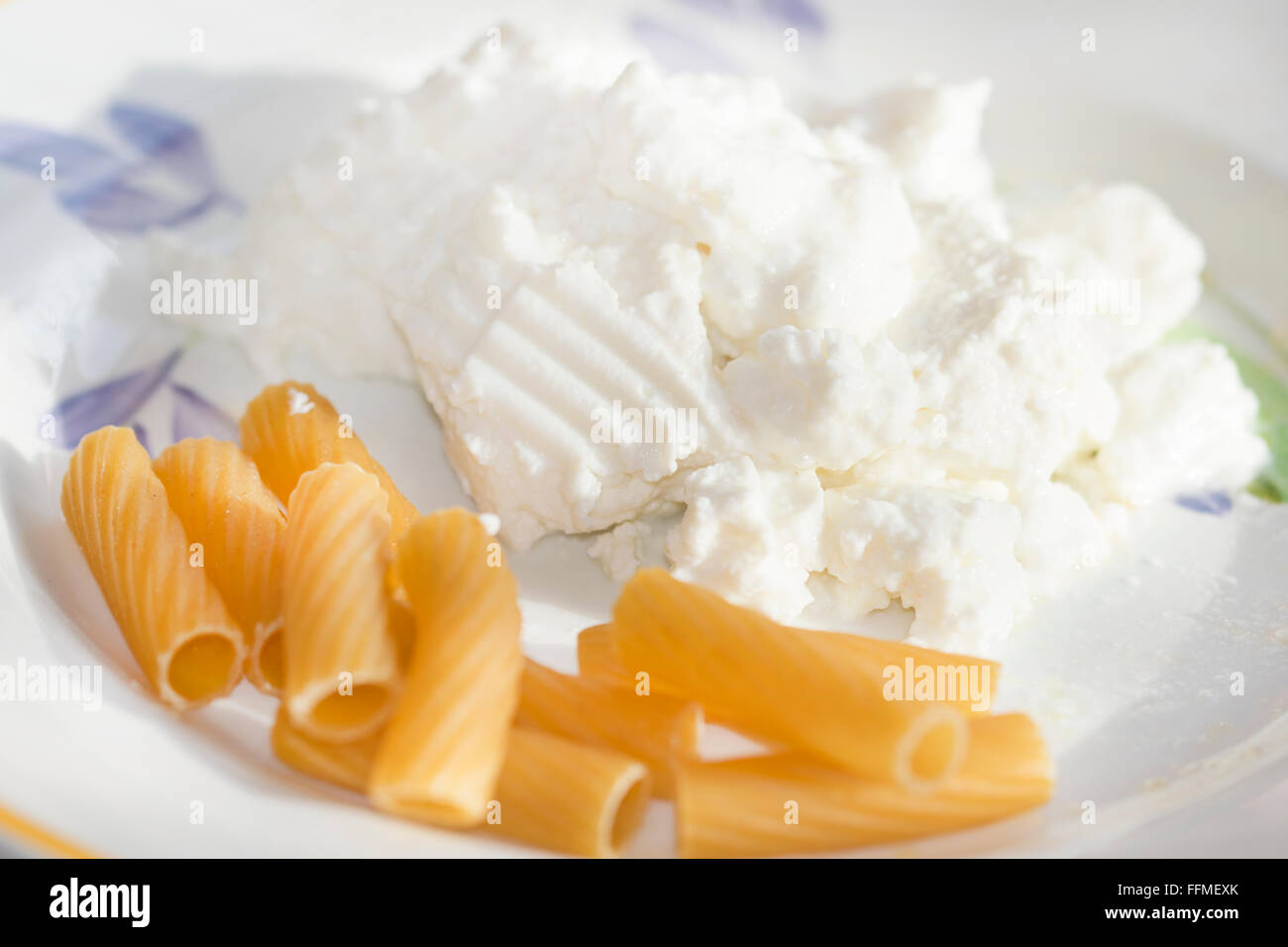 ganze Rigatoni Nudeln und frischem Ricotta-Käse Stockfoto