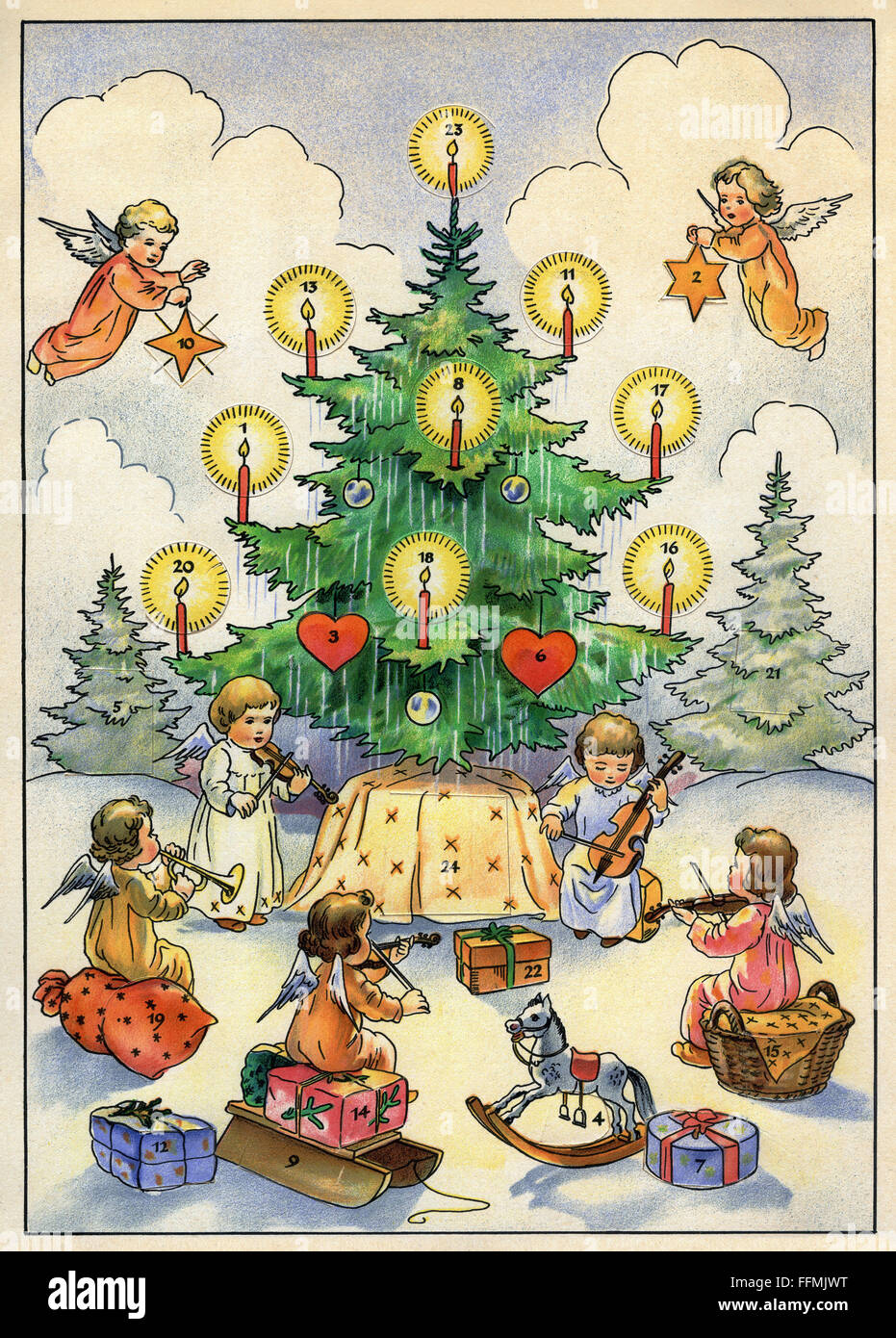 Weihnachten, Adventskalender, Engelsspiel, Deutschland, um 1948, Zusatz-Rechteklärung-nicht vorhanden Stockfoto