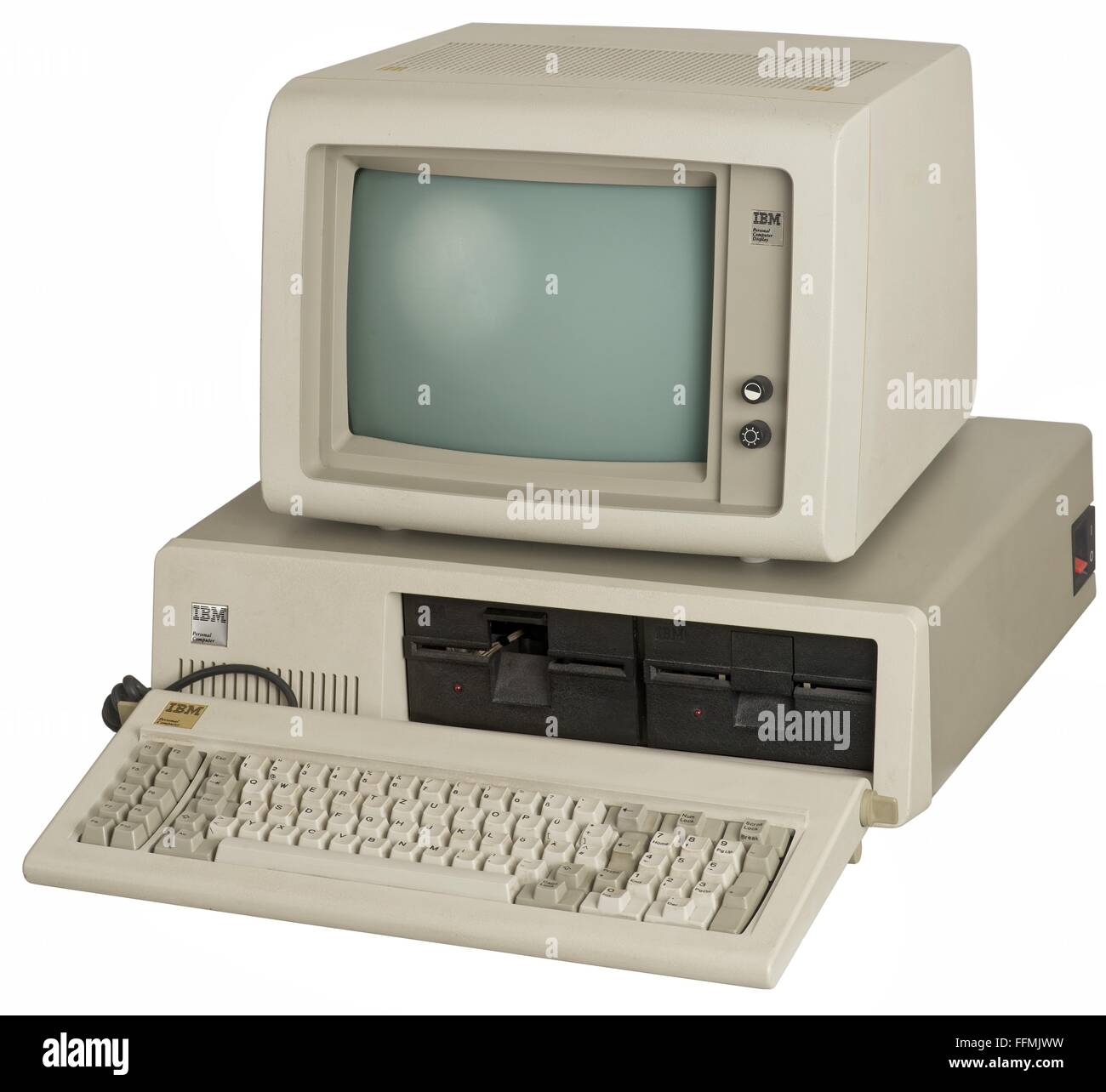 Computer / Elektronik, Computer, IBM 5150 Personal Computer, erster Personal Computer, Intel 8088 Prozessor, 16 Bit Prozessor, 4.77 MHz, 64 Kilobyte RAM, Betriebssystem DOS 1.0, zwei 5.25-Zoll Diskettenlaufwerke, 12 Zoll monochrom Monitor, Verkaufspreis: 2.880 Dollar, veröffentlicht am 12.8.1981, USA, 1981, Additional-Rights-Clearences-not available Stockfoto