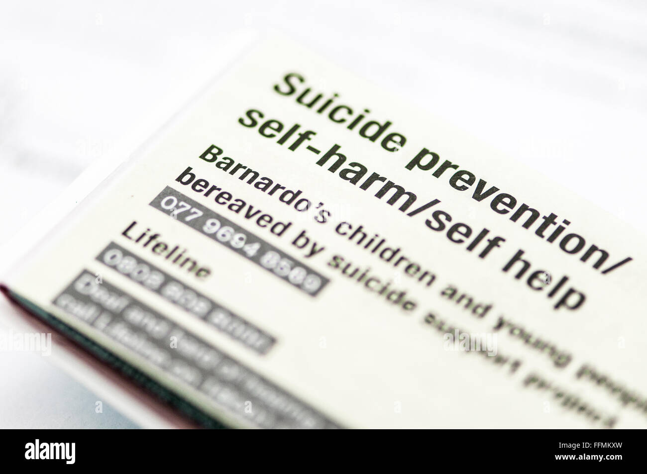 Verzeichnis der Selbstverletzung, Suizidprävention und andere Mental Health Services Stockfoto