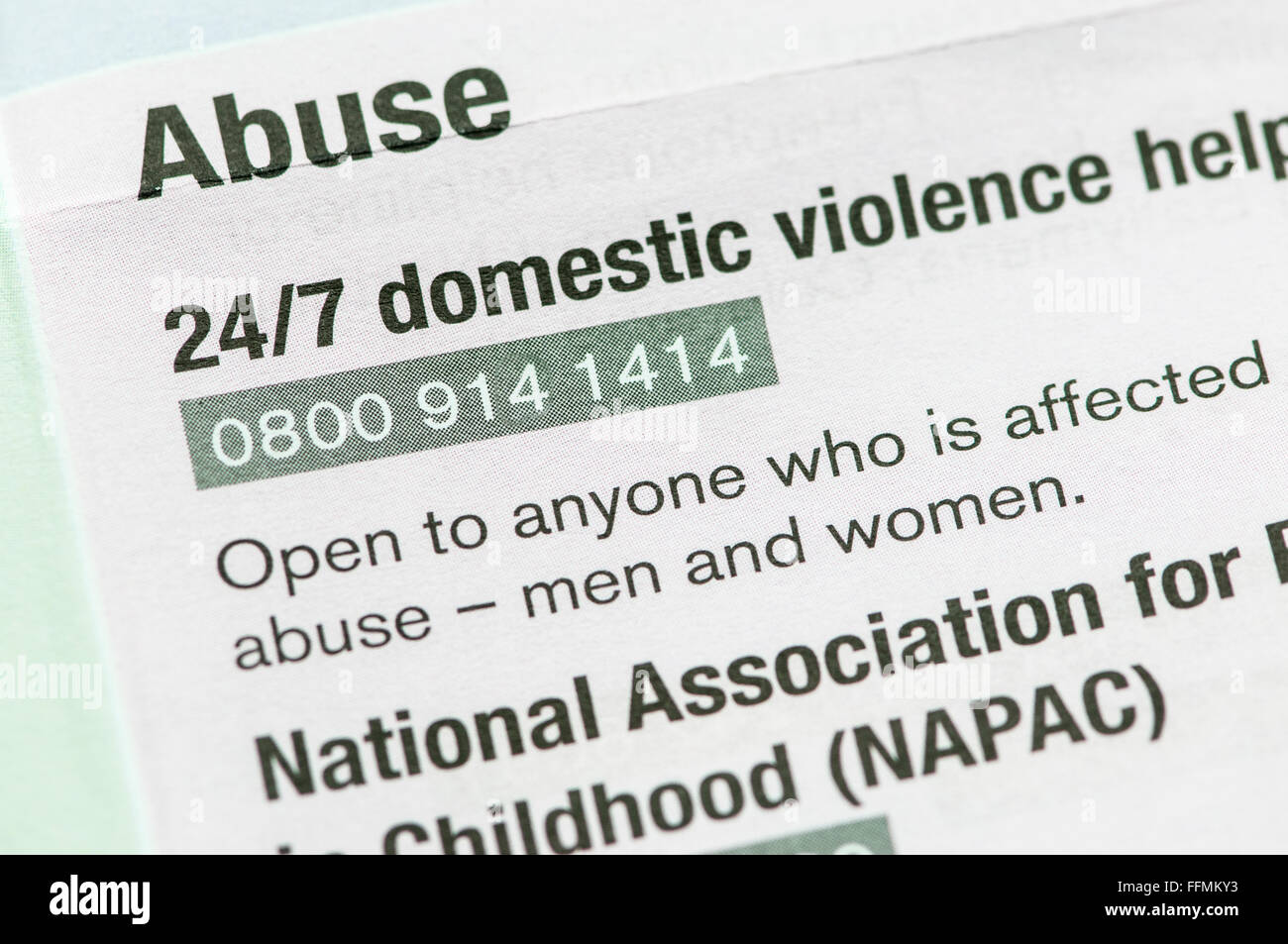 Verzeichnis der Dienstleistungen von häuslicher Gewalt in Nordirland Stockfoto
