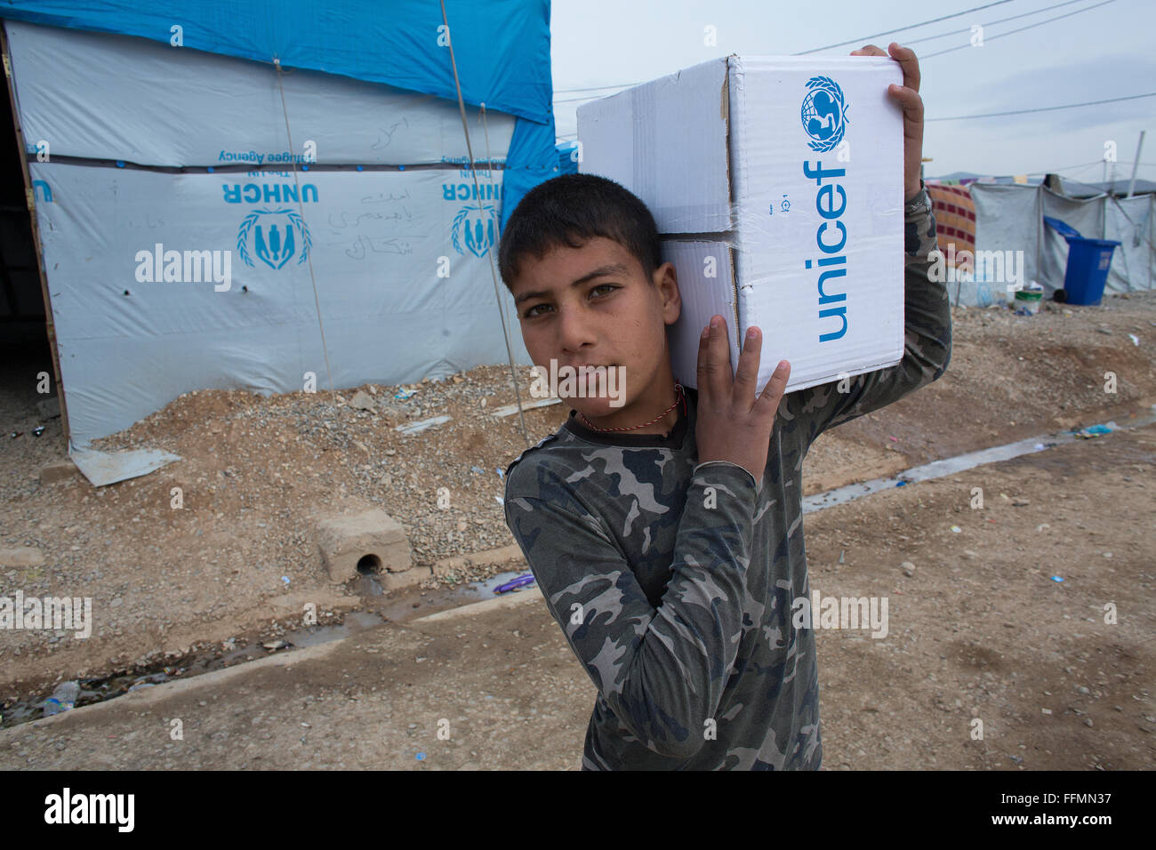 Hygiene-Kits Verteilung von UNICEF im Flüchtlingslager Ashdi im Nordirak Stockfoto