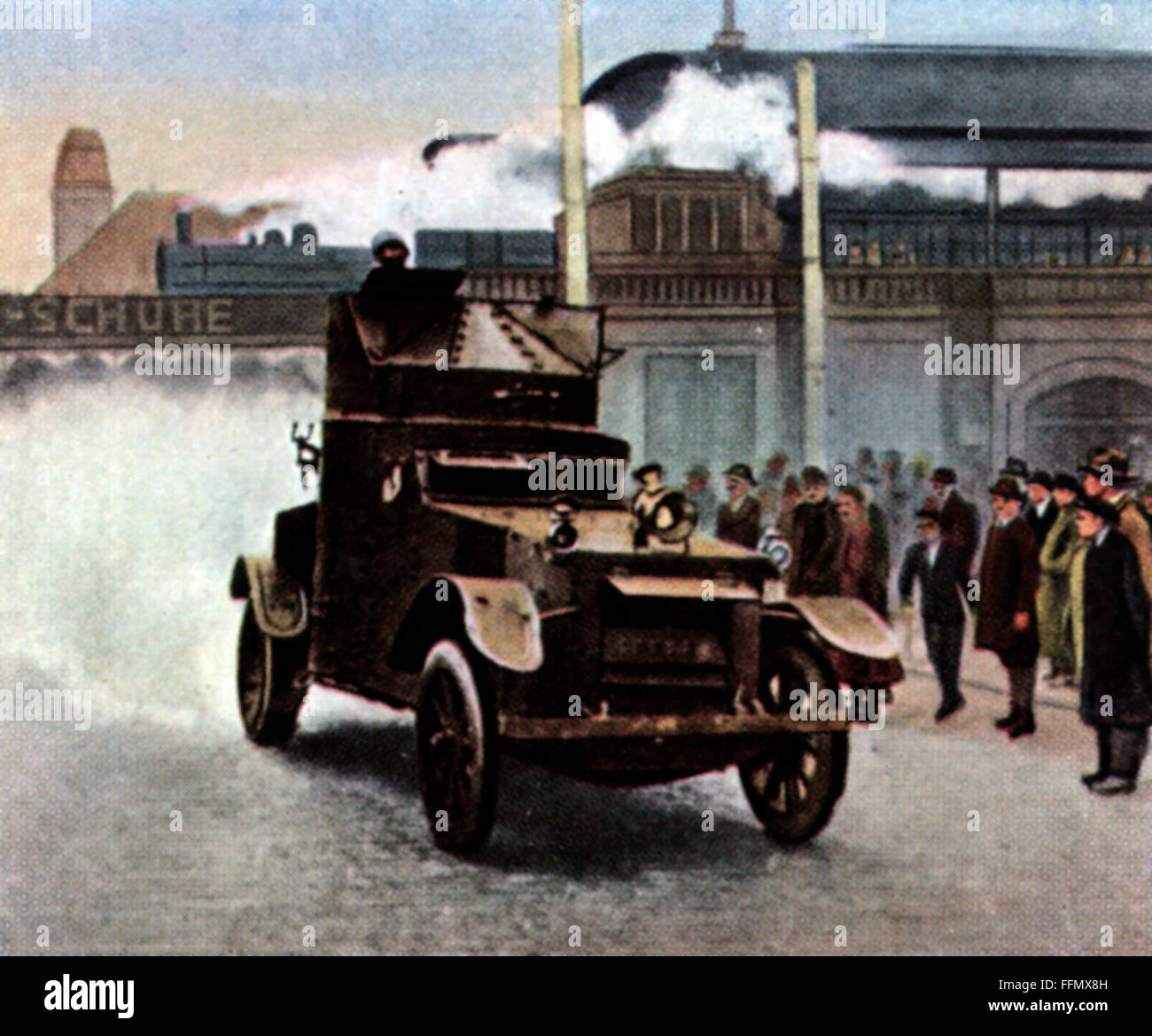 Besetzung der Ruhr 1923 - 1925, französisches Leichtgepanzerfahrzeug vor dem Essener Hauptbahnhof, blutiger Karsamstag, 31.3.1923, Farbfoto, Zigarettenkarte, Serie 'die Nachkriegszeit', 1935, Additional-Rights-Clearences-not available Stockfoto