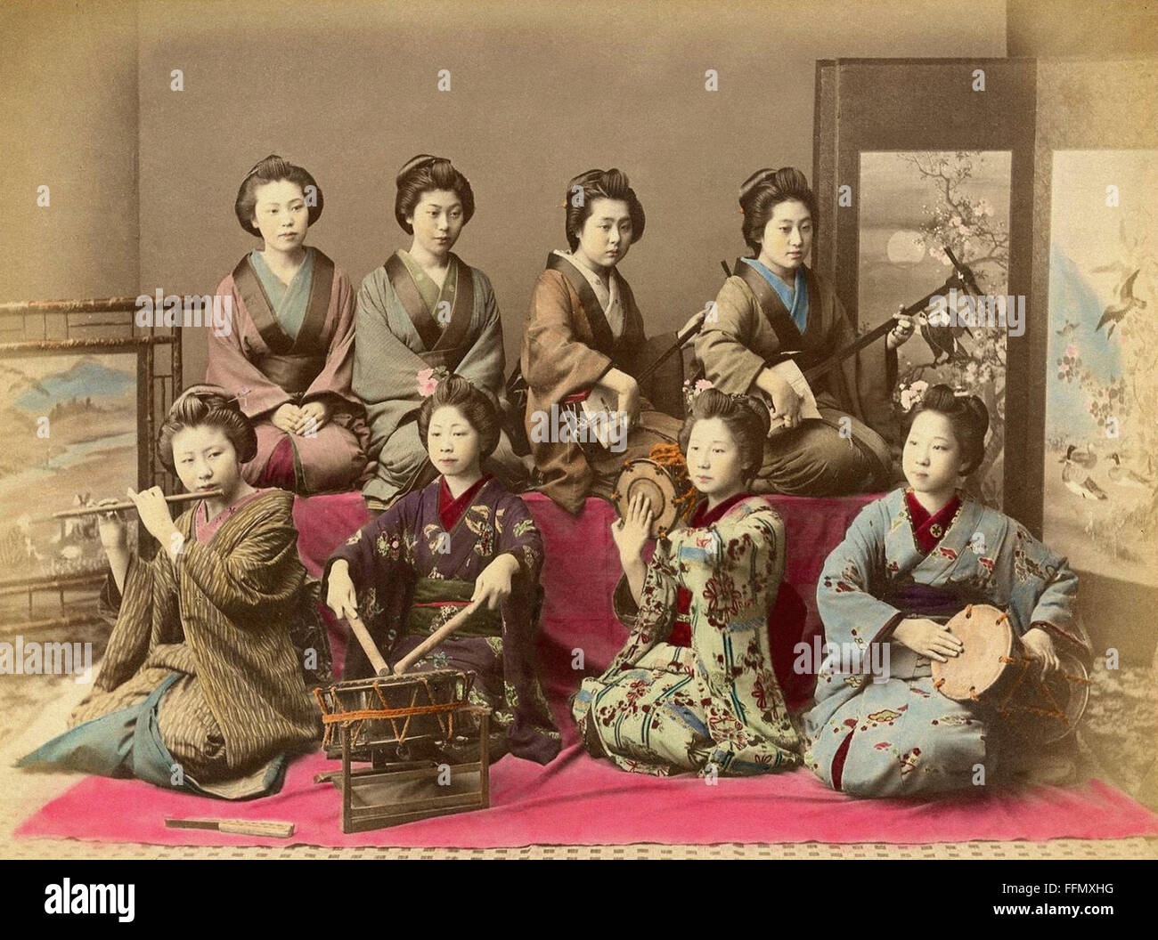 Japanische Frauen machen Musik - Ansichtskarte - XIX Jahrhundert Stockfoto