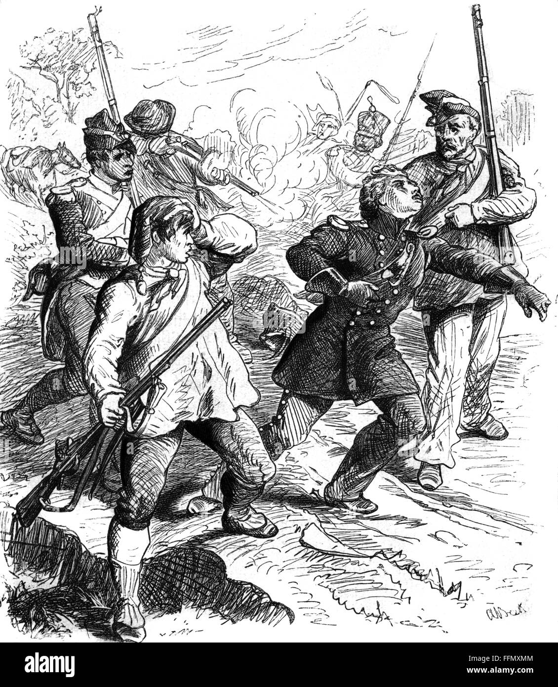 Friesen, Karl Friedrich, 25.9.1720 - 16.3.1814, deutscher Pädiater, Turner und Freiheitskämpferin, halbe Länge, sein Tod in La Lobbe bei Rethel, Zeichnung von A. Beck, 19. Jahrhundert, Stockfoto