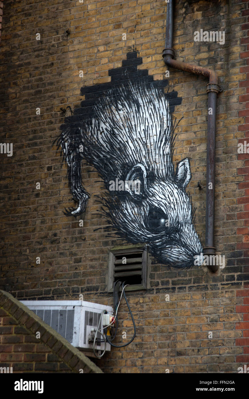 Ratte von ROA, neue Goulston Street. Graffiti an der Wand. Stockfoto