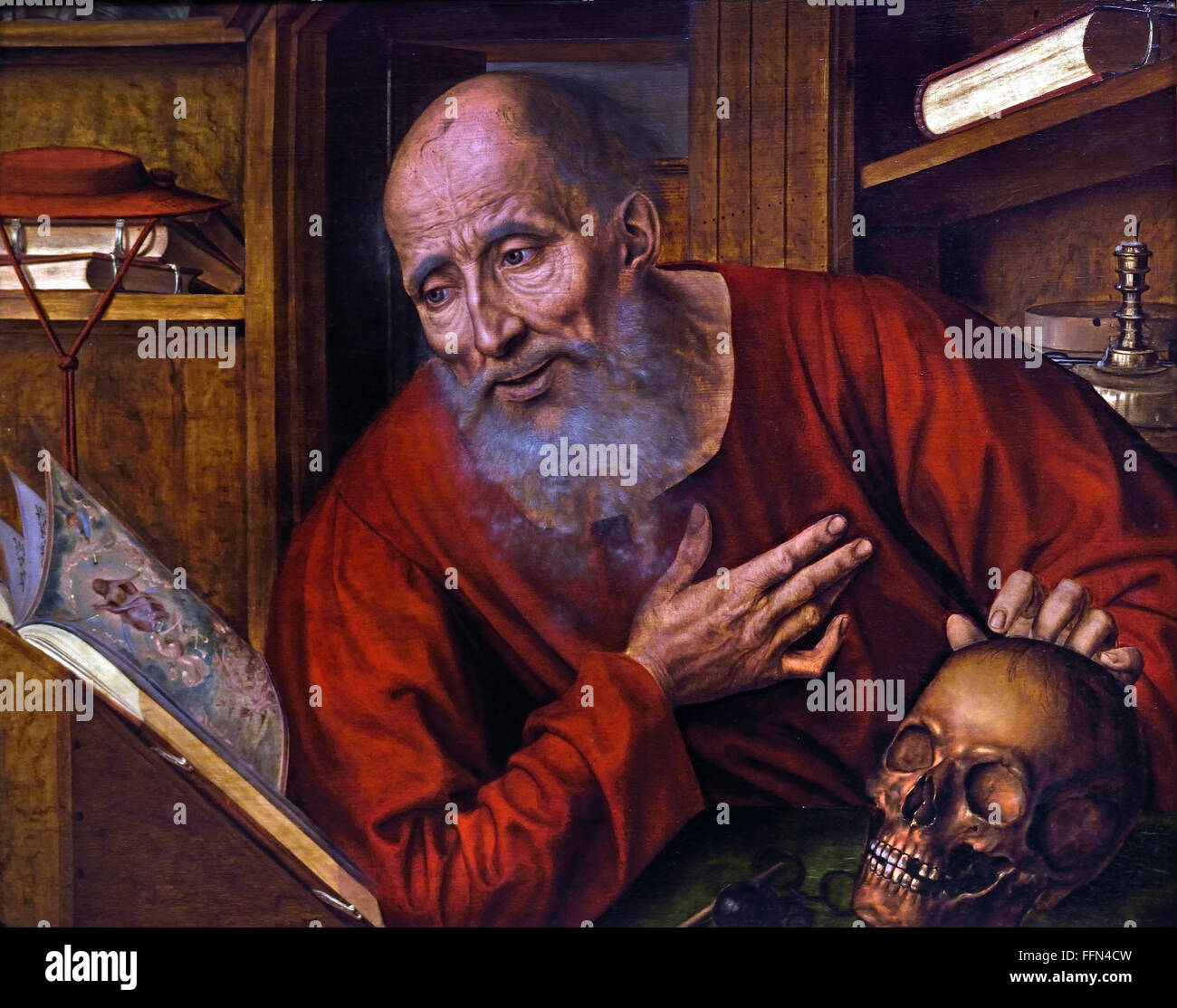 Der Heilige Hieronymus das Leitmotiv in diesem Maler ist Eitelkeit. Jérôme zeigt Finger menschliche Ziel "wir sterben müssen..." Buch von Samuel Van Reymerswaele 1493-1567 flämischen Belgien Belgien Stockfoto