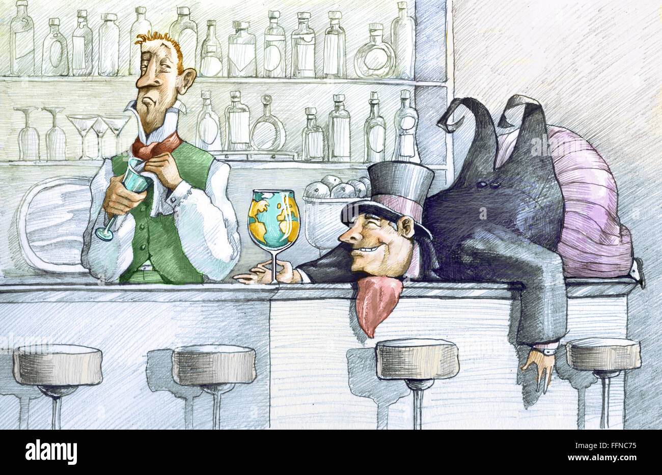 ein gieriger betrunken dicker Mann liegend auf einer Bar hält eine Glaskugel zu begegnen, der Barkeeper schaut ihn mit unverhohlener genug Stockfoto