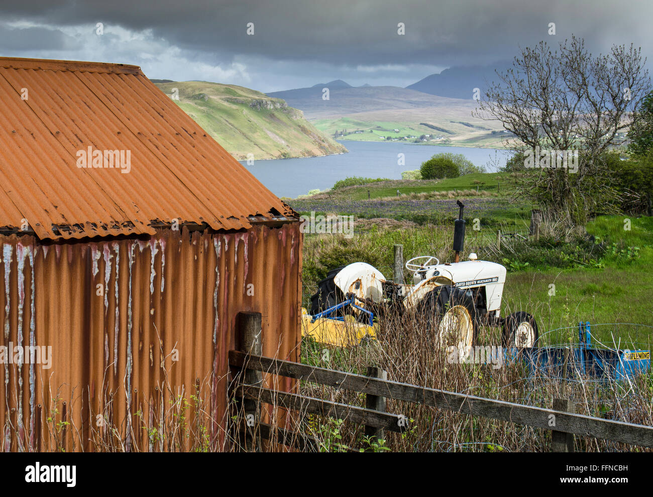 David brown Traktor und alten rostigen Schuppen Landwirtschaft auf skye Stockfoto