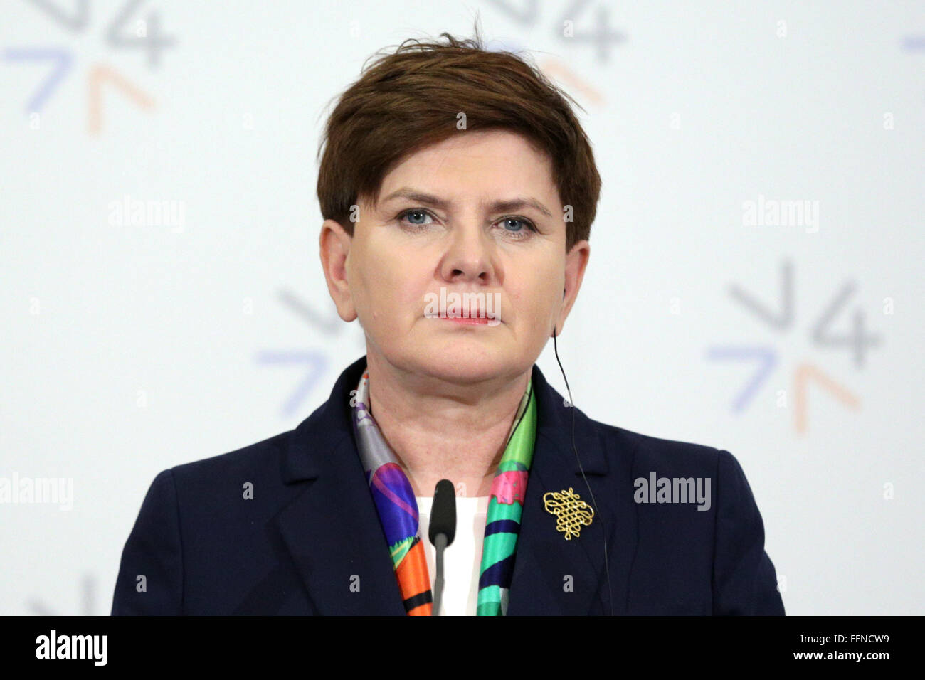 Prag, Tschechien - 15. Februar 2016: Der Ministerpräsident von Polen Beata Szydlo während einer Pressekonferenz Afte spricht Stockfoto