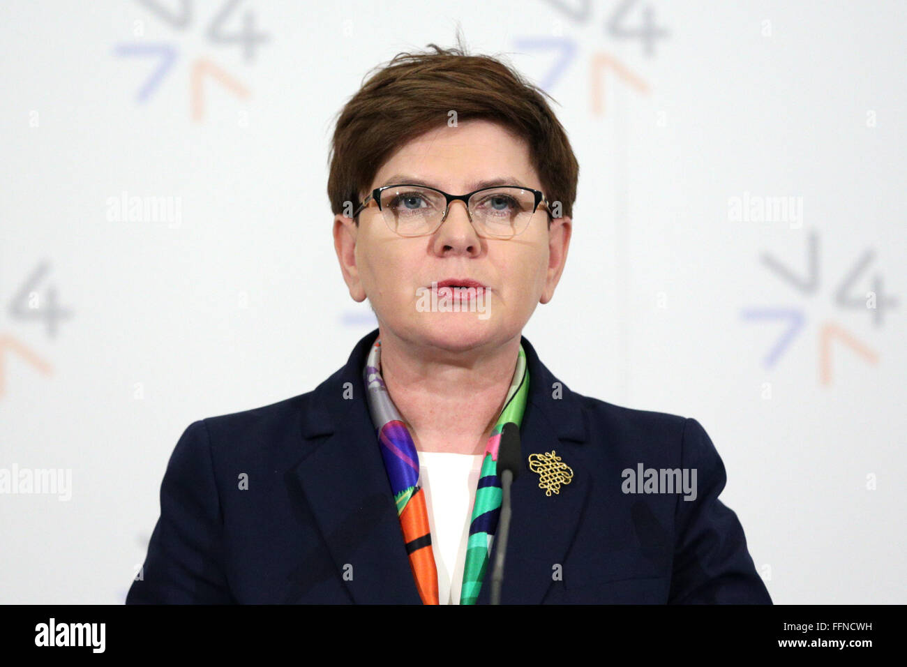 Prag, Tschechien - 15. Februar 2016: Der Ministerpräsident von Polen Beata Szydlo während einer Pressekonferenz Afte spricht Stockfoto