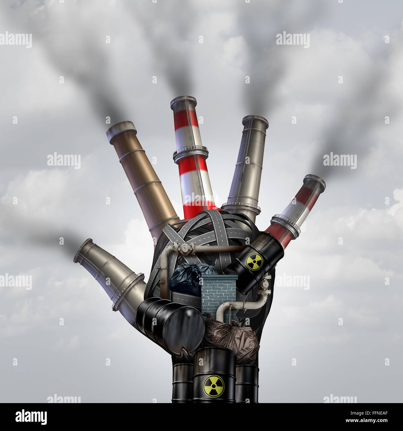 Künstlicher Verschmutzung giftigen Rauch Stopp-Symbol als eine schmutzige Industriebetrieb mit Müll Rauch Stacks und einer petrochemischen Raffinerie Stockfoto
