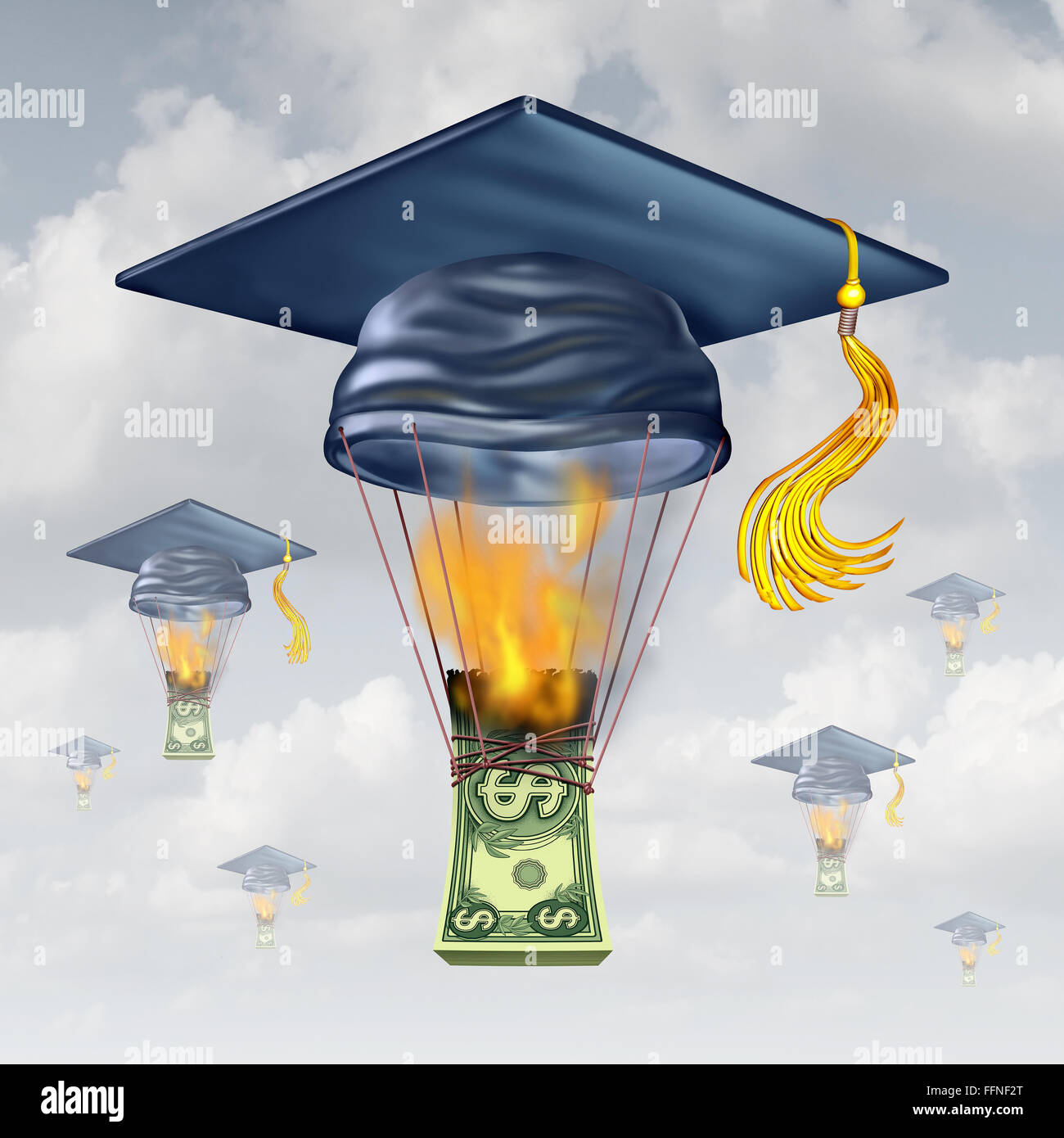 Kosten und High School Studiengebühren als Graduierung Hut geformt wie ein Heißluftballon wird von den Flammen das Verbrennen von Geld als Metapher für finanzielle Geld Stress hob. Stockfoto