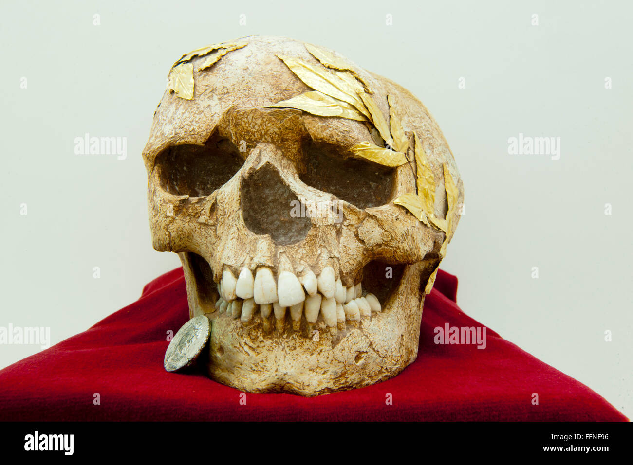 Archäologisches Museum, Römischer Totenschädel Mit Einer Münze Im Mund, Ein Obolus Für Char, Agios Nikolaos, Kreta, Griechenland Stockfoto