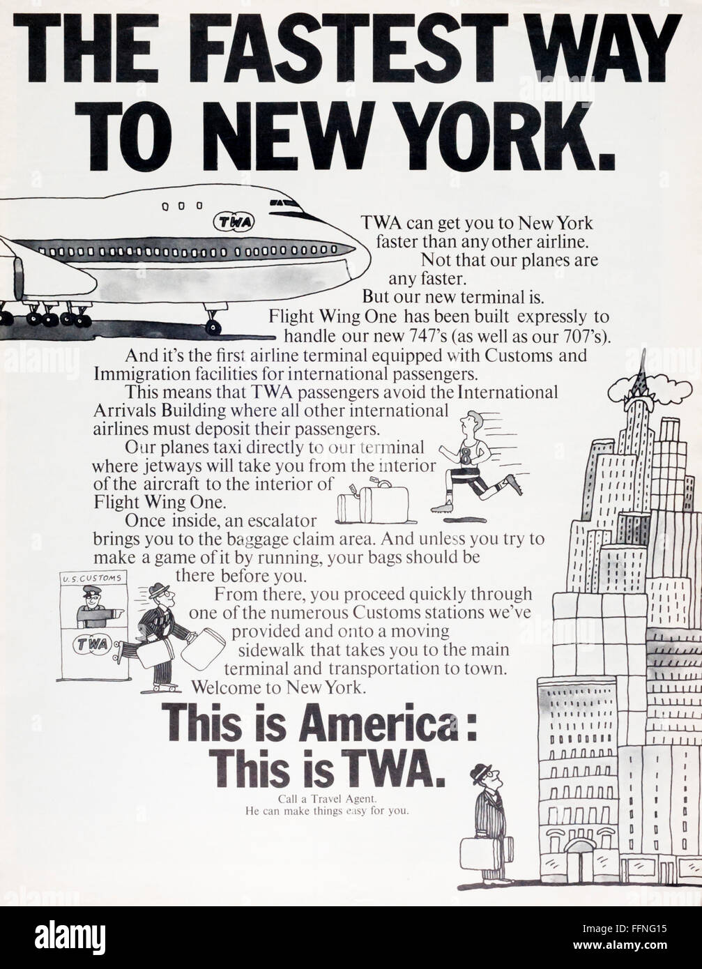 1970er Jahre Magazin Werbung Werbung zu Besuch in New York von TWA. Stockfoto