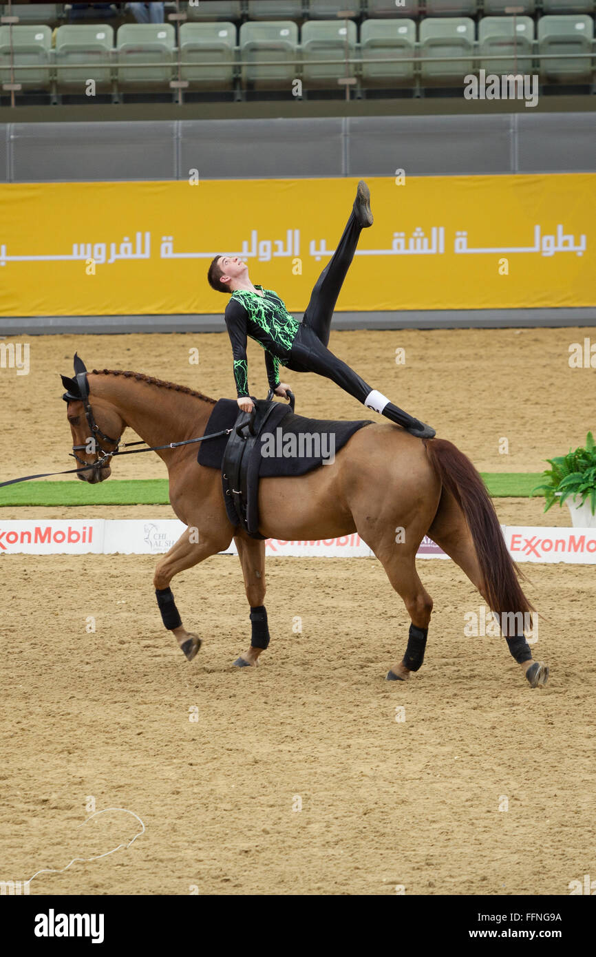 Reiter Wettbewerb im Voltigieren Wettbewerb am 2. Tag bei CHI Al Shaqab 2014.  Reithalle bei Al Shaqab Equestrian Center Stockfoto Reiter Wettbewerb im Voltigieren Wettbewerb am 2. Tag bei CHI Al Shaqab 2014.  Reithalle bei Al Shaqab Equestrian Center Stockfoto